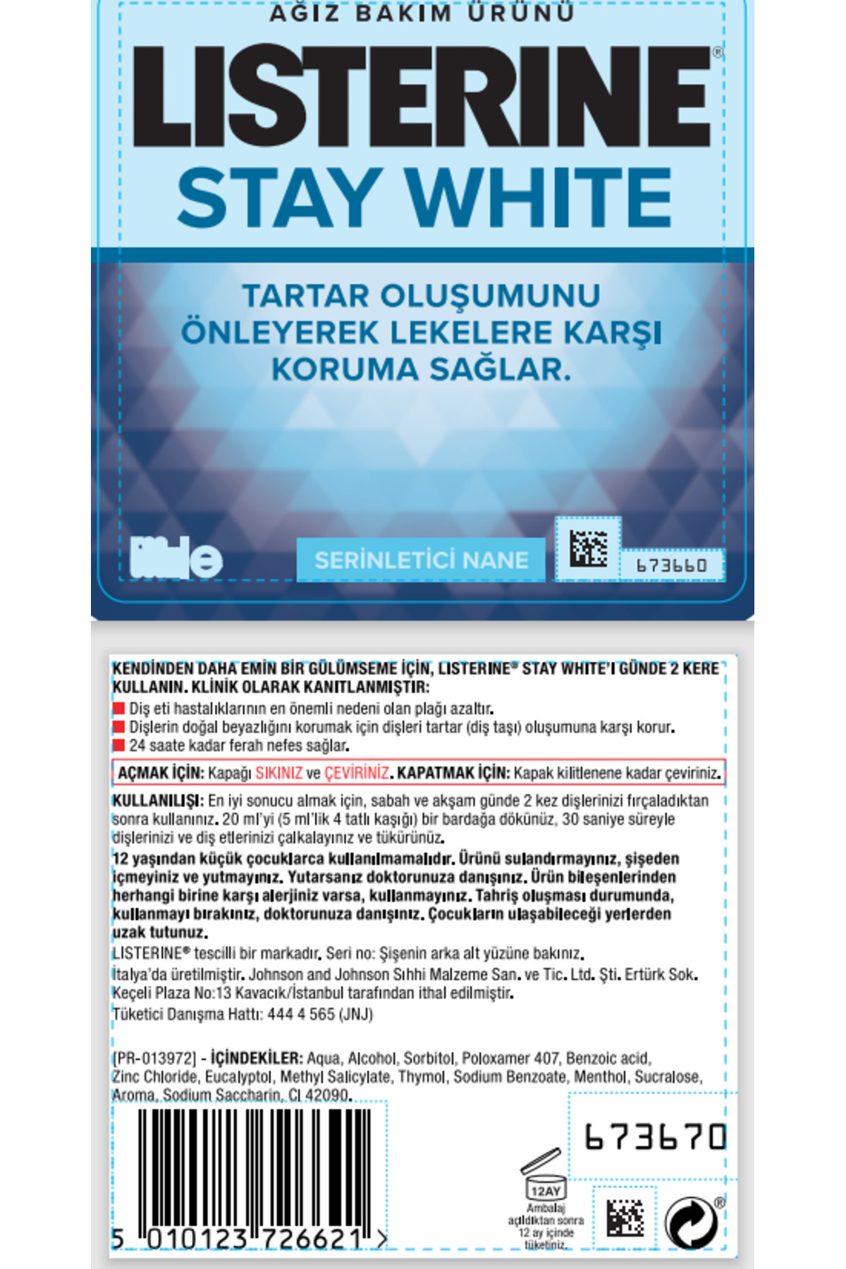 LİSTERİNE STAY WHİTE AĞIZ BAKIM SUYU 500 ML-