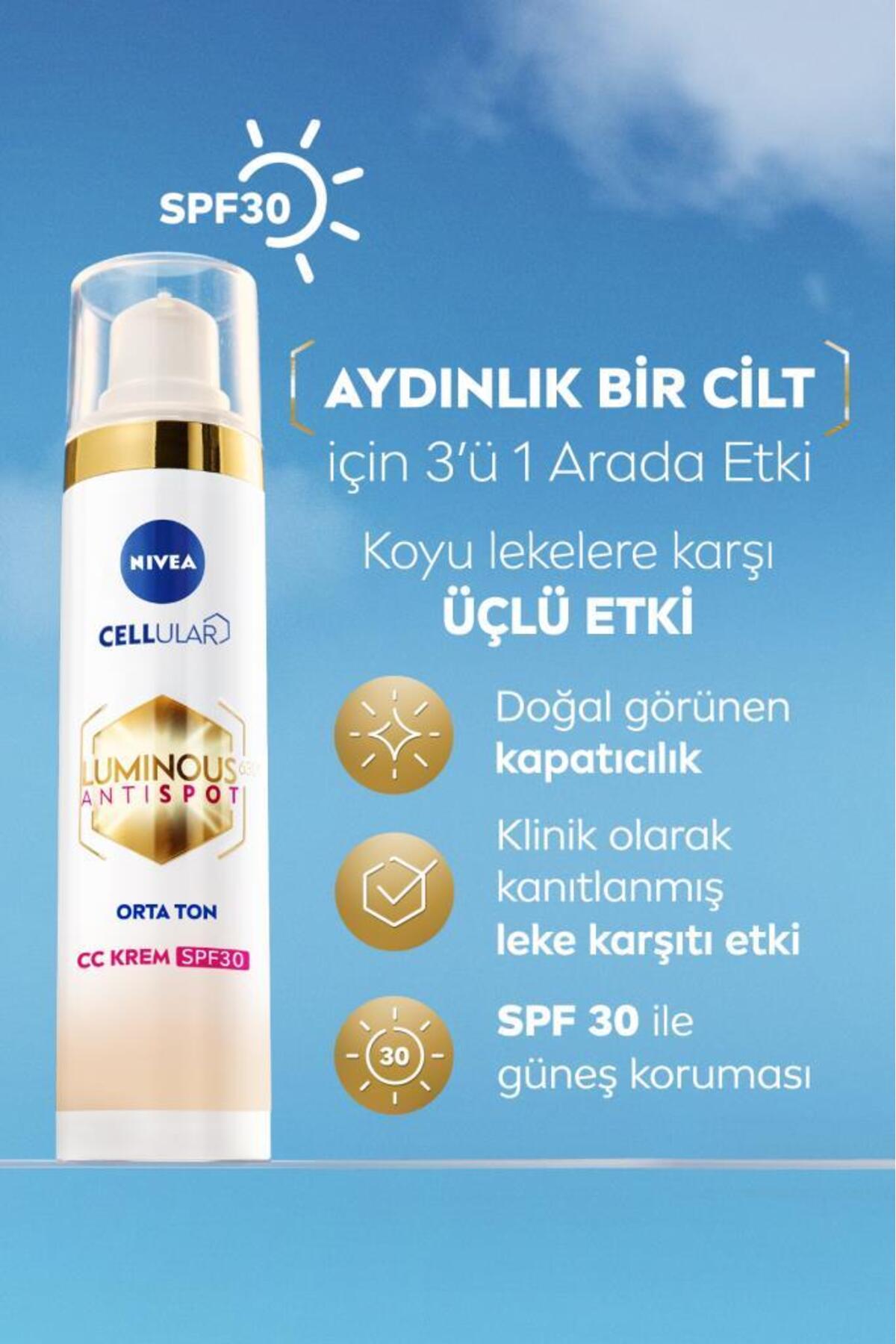 NIVEA LUMİNOUS630 KOYU LEKE KARŞITI CC YÜZ KREMİ 40ML SPF30 GÜNEŞ KORUYUCU HYALURONİK ASİT ORTA TON-