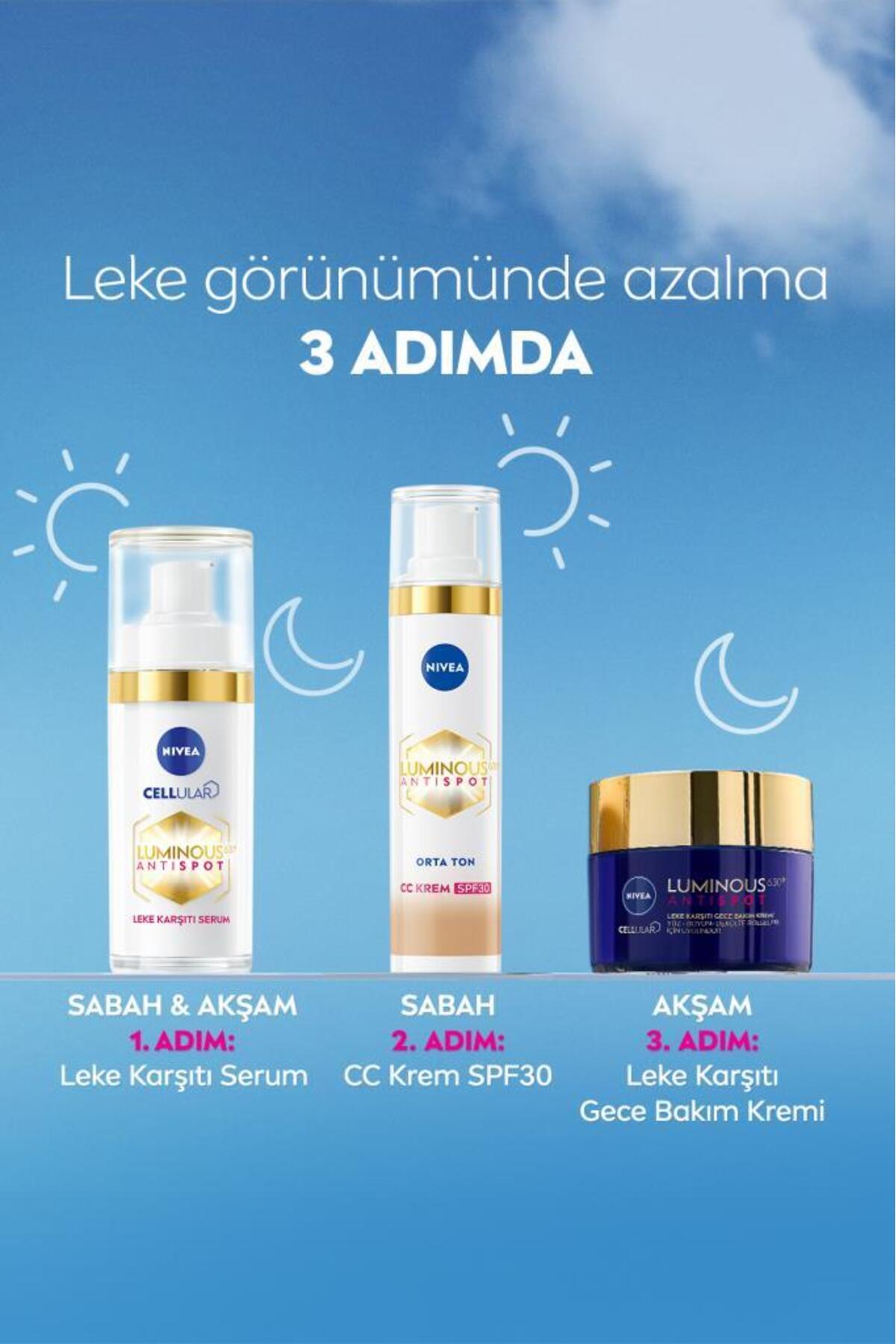 NIVEA LUMİNOUS630 KOYU LEKE KARŞITI CC YÜZ KREMİ 40ML SPF30 GÜNEŞ KORUYUCU HYALURONİK ASİT ORTA TON-