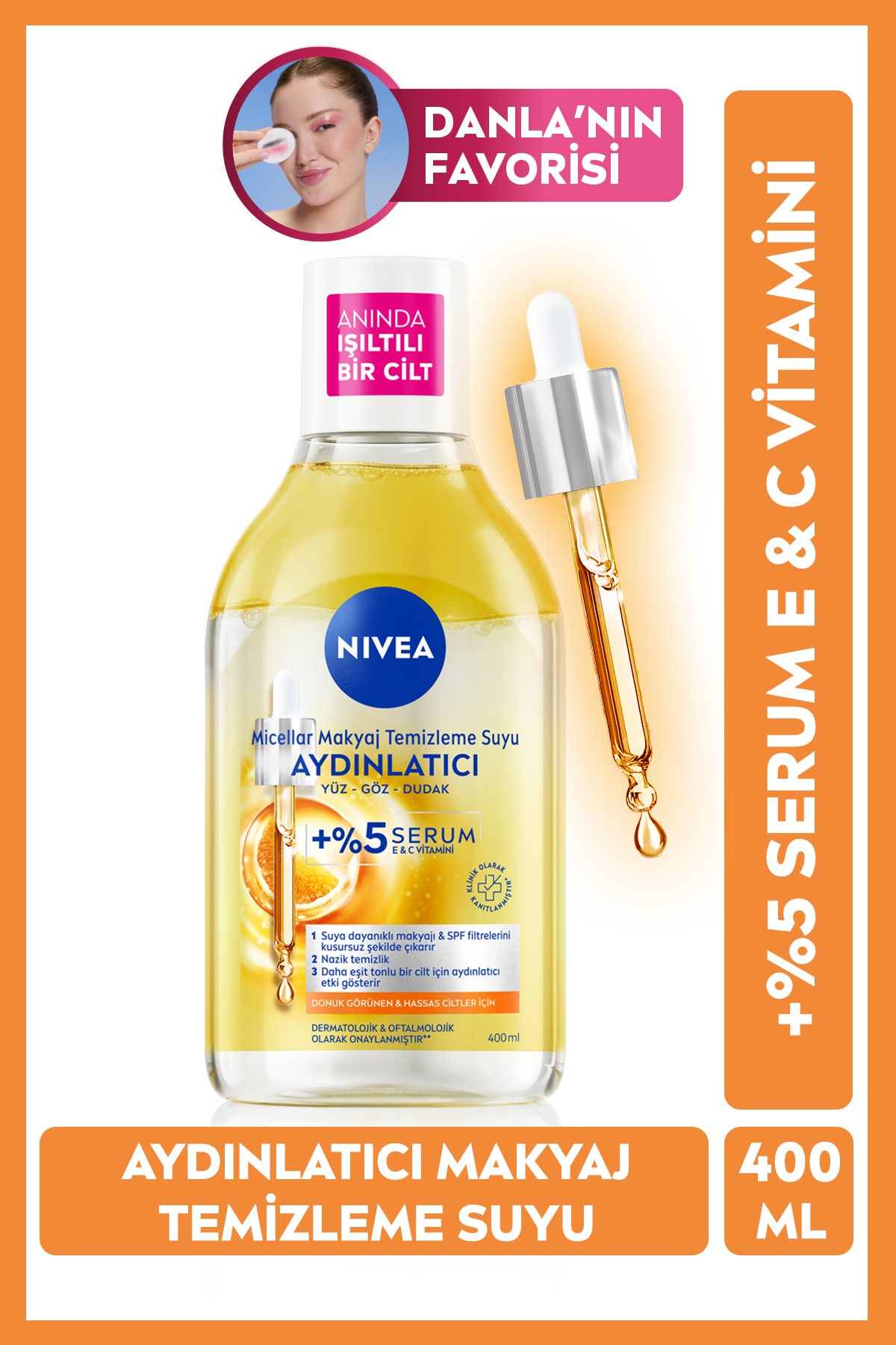 NIVEA AYDINLATICI MİCELLAR MAKYAJ TEMİZLEME SUYU 400ML, SERUM İÇERİKLİ, DONUK VE HASSAS CİLT TİPLERİ-