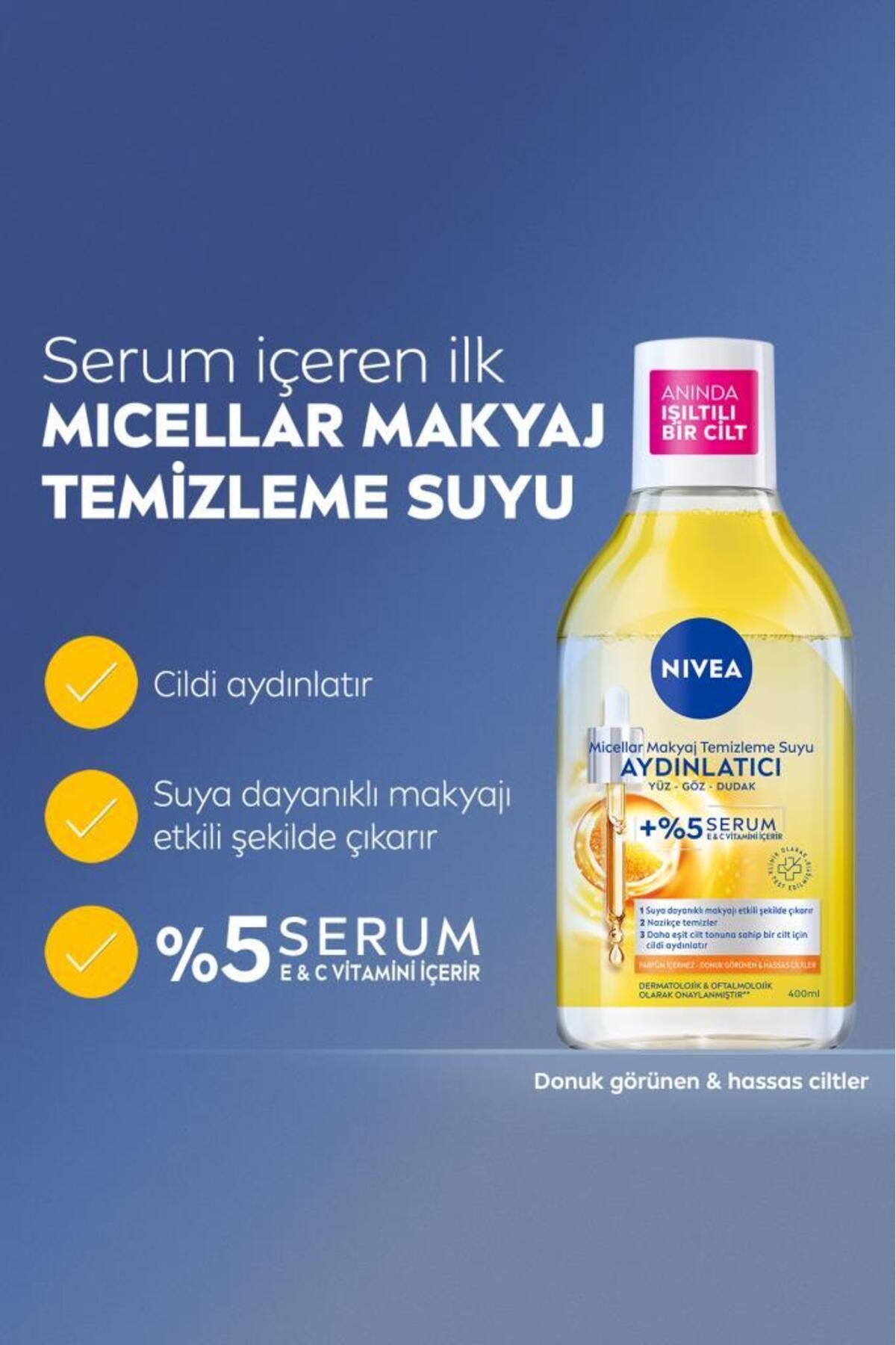 NIVEA AYDINLATICI MİCELLAR MAKYAJ TEMİZLEME SUYU 400ML, SERUM İÇERİKLİ, DONUK VE HASSAS CİLT TİPLERİ-