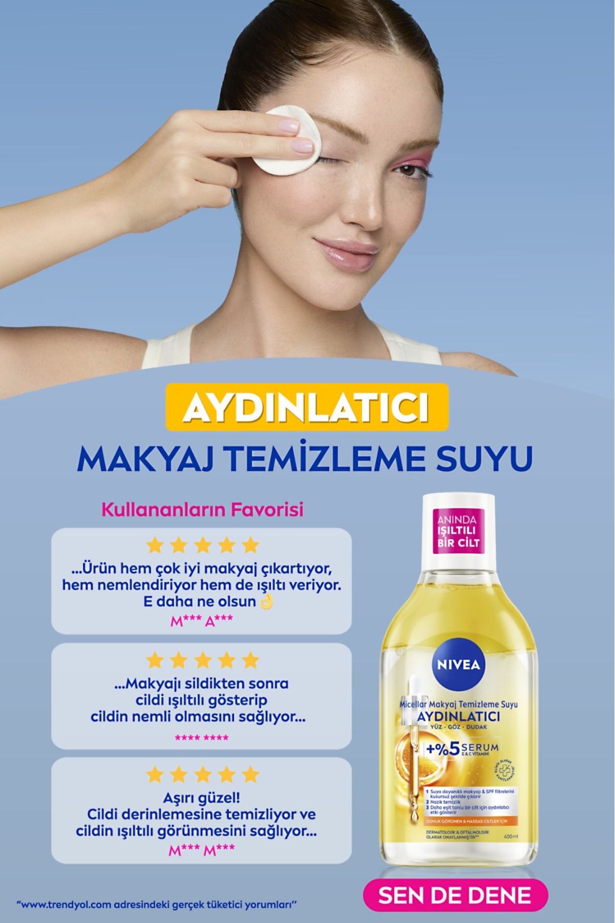 NIVEA AYDINLATICI MİCELLAR MAKYAJ TEMİZLEME SUYU 400ML, SERUM İÇERİKLİ, DONUK VE HASSAS CİLT TİPLERİ-