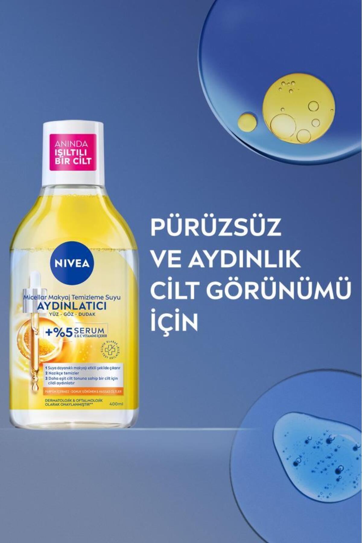 NIVEA AYDINLATICI MİCELLAR MAKYAJ TEMİZLEME SUYU 400ML, SERUM İÇERİKLİ, DONUK VE HASSAS CİLT TİPLERİ-