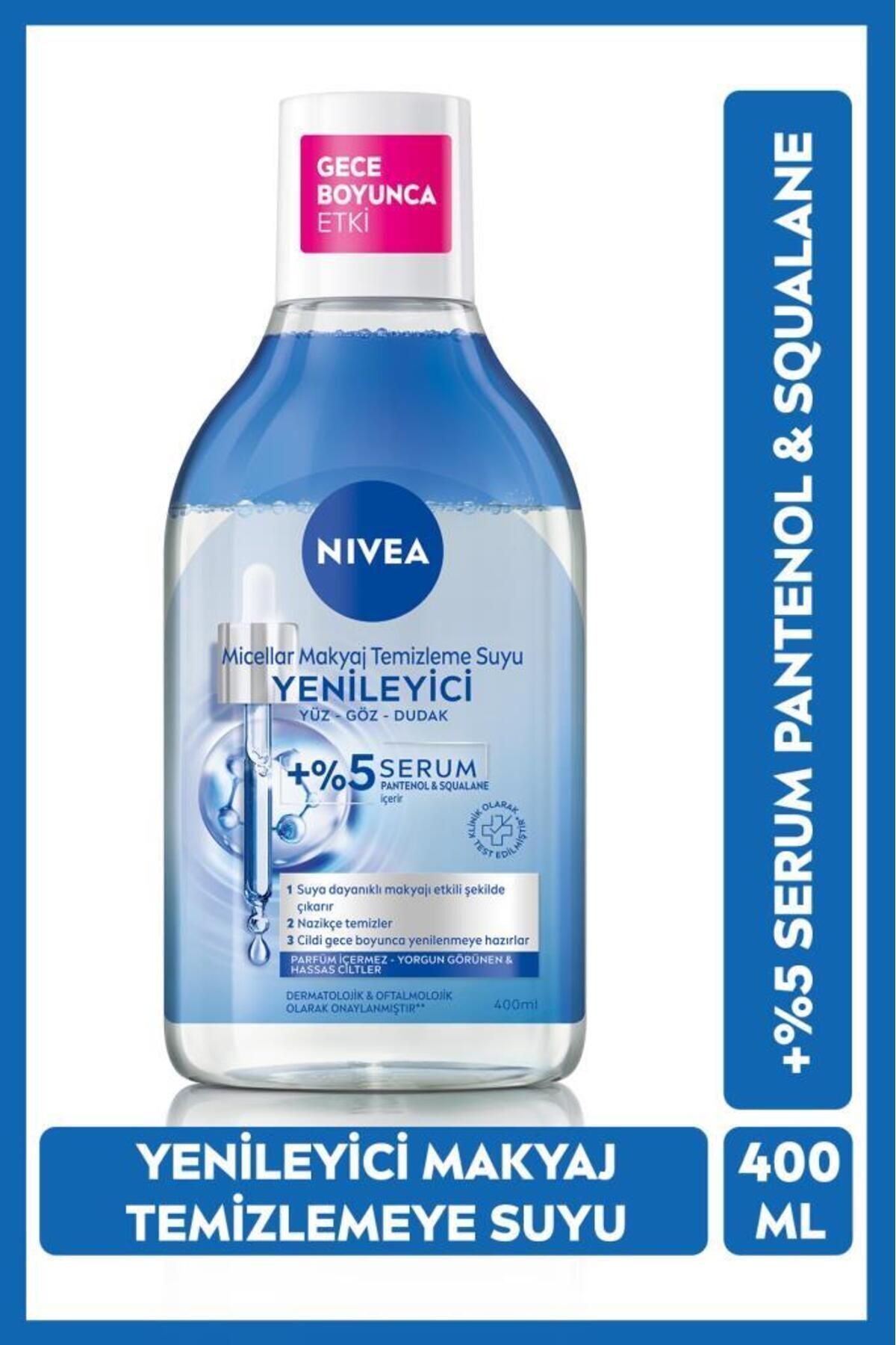NIVEA YENİLEYİCİ MİCELLAR MAKYAJ TEMİZLEME SUYU 400ML. SERUM İÇERİKLİ. PANTENOL. YORGUN GÖRÜNEN CİLTLER-