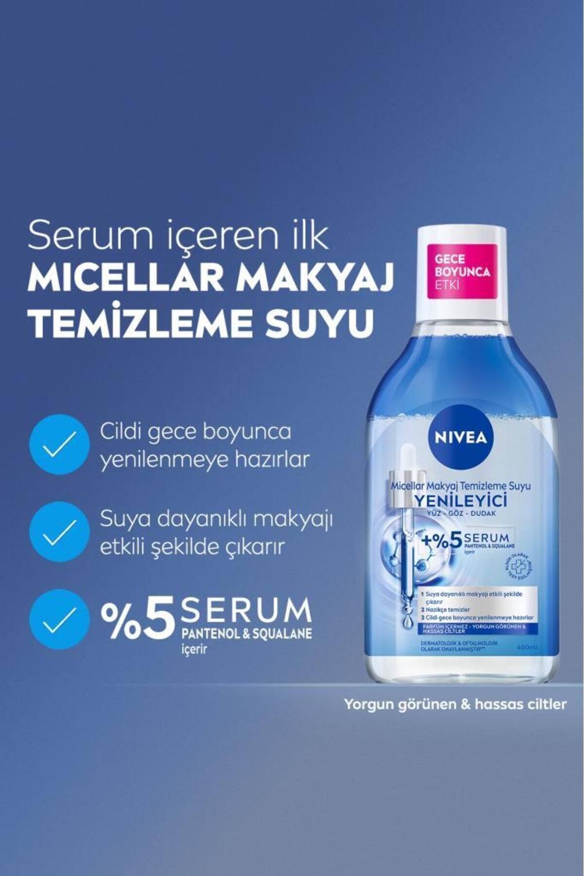 NIVEA YENİLEYİCİ MİCELLAR MAKYAJ TEMİZLEME SUYU 400ML. SERUM İÇERİKLİ. PANTENOL. YORGUN GÖRÜNEN CİLTLER-