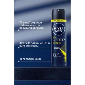 NIVEA MEN ERKEK SPREY DEODORANT DEEP EXTREME 150ML. 72 SAAT ANTİ-PERSPİRANT TER KORUMA. YENİ ENERJİK-
