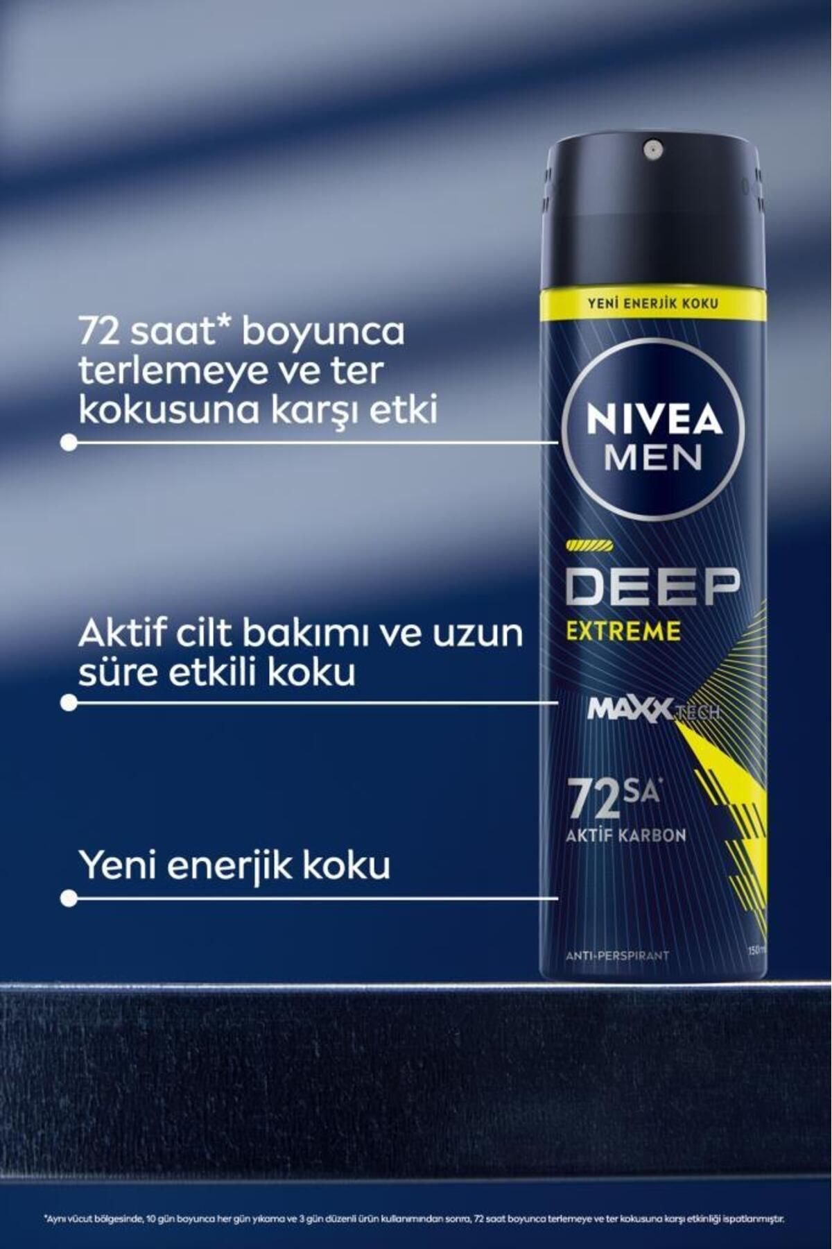 NIVEA MEN ERKEK SPREY DEODORANT DEEP EXTREME 150ML. 72 SAAT ANTİ-PERSPİRANT TER KORUMA. YENİ ENERJİK-