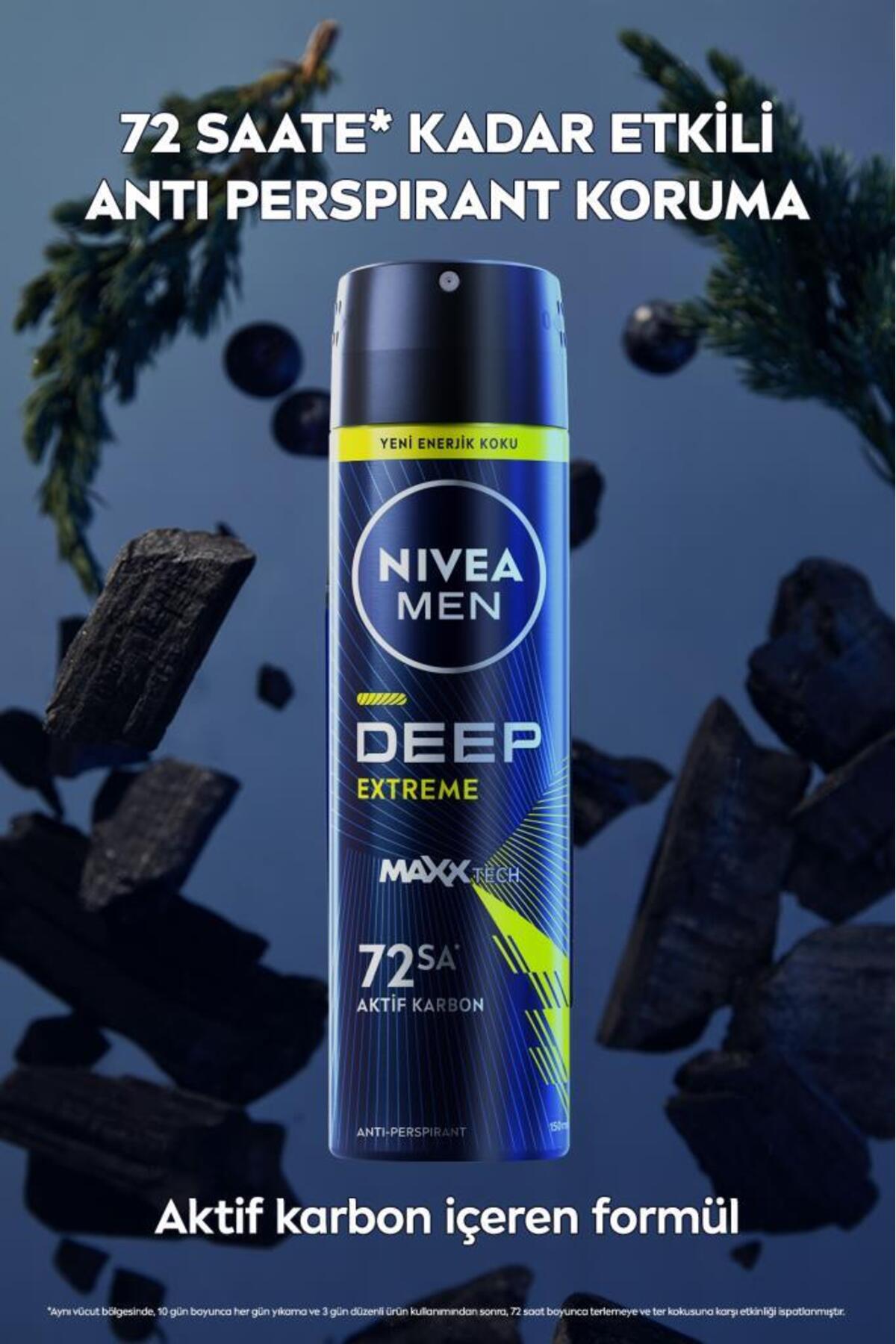NIVEA MEN ERKEK SPREY DEODORANT DEEP EXTREME 150ML. 72 SAAT ANTİ-PERSPİRANT TER KORUMA. YENİ ENERJİK-