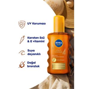 NIVEA Sun Karoten Özlü Yoğun Bronzlaştırıcı Güneş Yağ Sprey 200ml, E Vitamini, Uva Koruması, Doğal Bronzlu-