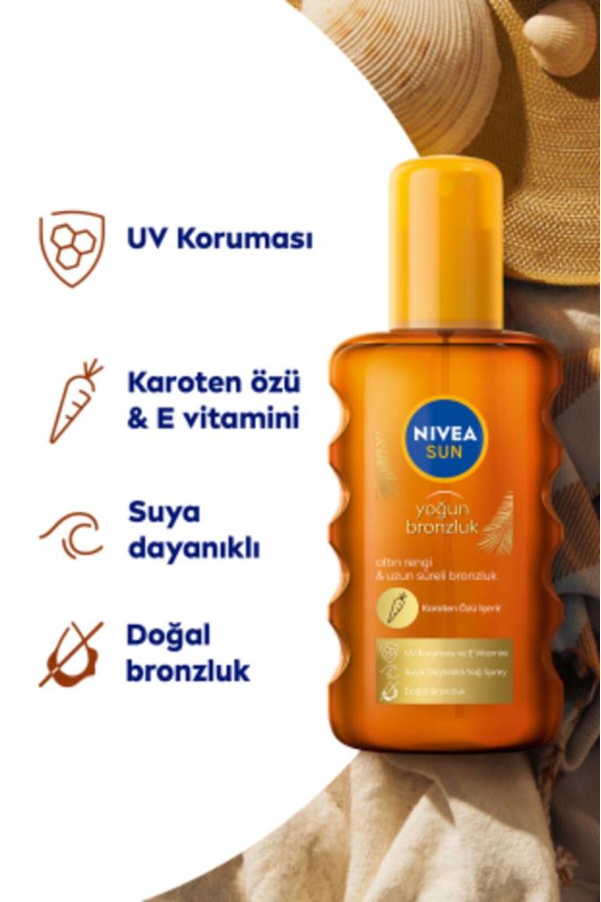 NIVEA Sun Karoten Özlü Yoğun Bronzlaştırıcı Güneş Yağ Sprey 200ml, E Vitamini, Uva Koruması, Doğal Bronzlu-