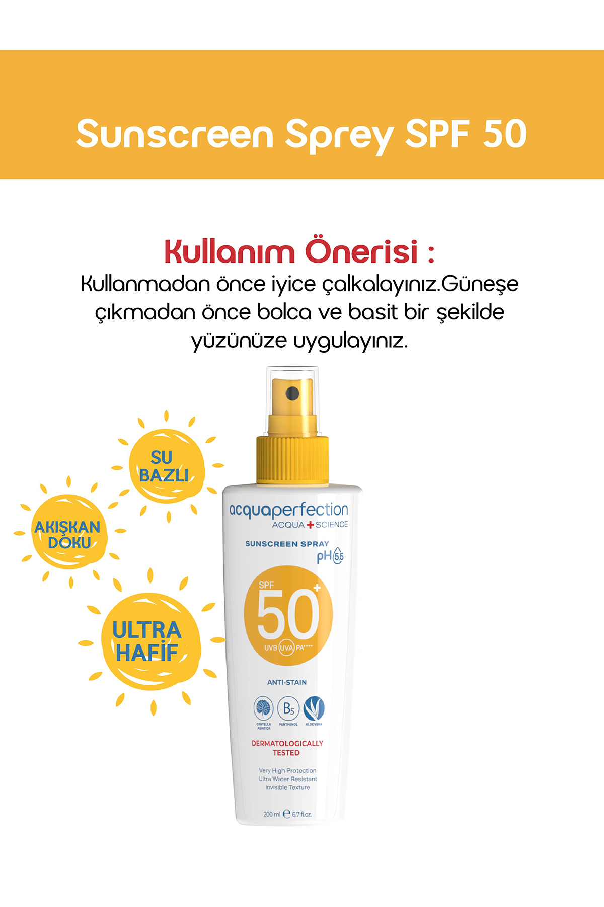ACQUA PERFECTİON GÜNEŞ KORUYUCU SPREY SPF50 200ML UVA UVB KORUMASI. SUYA DAYANIKLI. LEKE ÖNLEYİCİ-