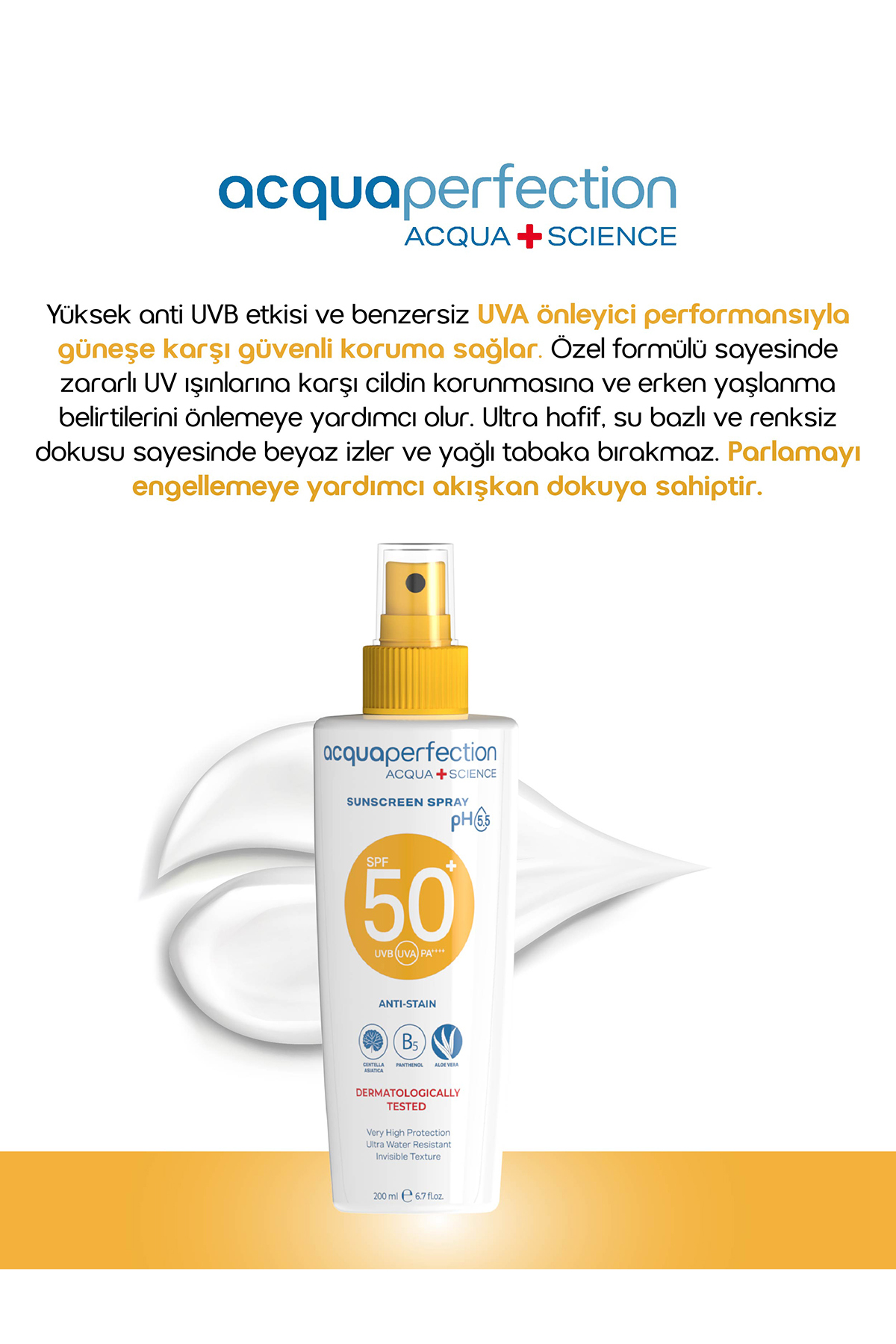 ACQUA PERFECTİON GÜNEŞ KORUYUCU SPREY SPF50 200ML UVA UVB KORUMASI. SUYA DAYANIKLI. LEKE ÖNLEYİCİ-