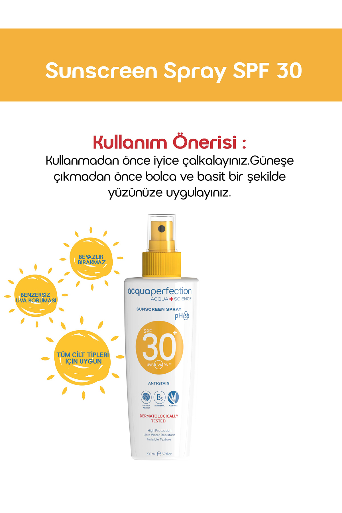 ACQUA PERFECTİON GÜNEŞ KORUYUCU SPREY SPF30 200ML UVA UVB KORUMASI. SUYA DAYANIKLI. LEKE ÖNLEYİCİ-