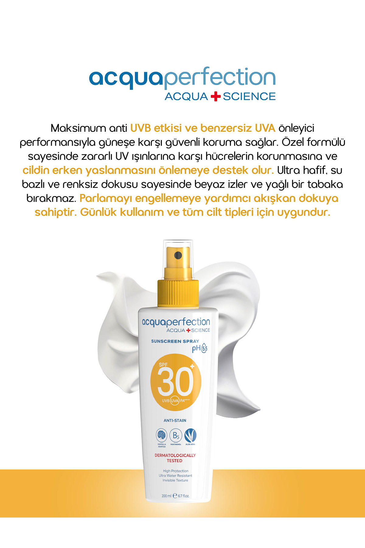 ACQUA PERFECTİON GÜNEŞ KORUYUCU SPREY SPF30 200ML UVA UVB KORUMASI. SUYA DAYANIKLI. LEKE ÖNLEYİCİ-