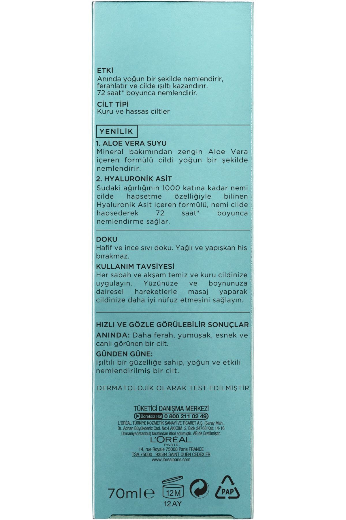 L'OREAL PARİS NEM TERAPİSİ ALOE VERA SUYU KURU VE HASSAS CİLTLER İÇİN NEMLENDİRİCİ 70ml-