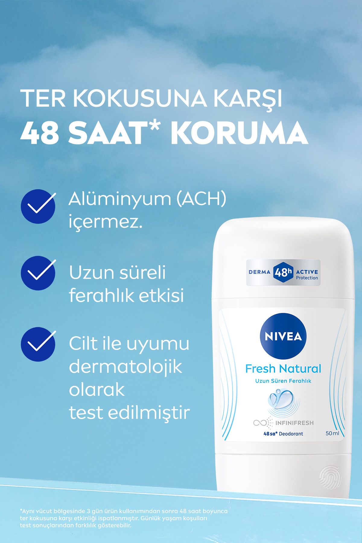 NIVEA Kadın Stick Deodorant Fresh Natural 50ml, Ter Kokusuna Karşı 48 Saat Koruma, Uzun Süren Ferahlık-