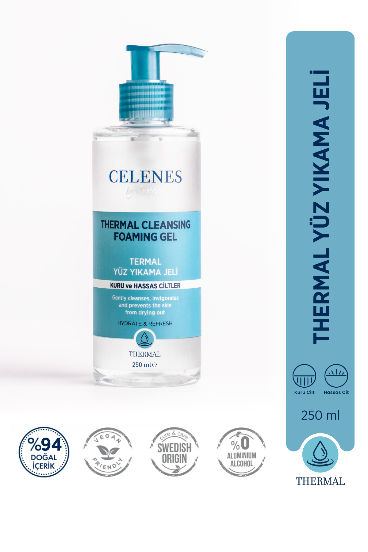 CELENES BY SWEDEN NEMLENDİRİCİ VE CANLANDIRICI THERMAL YÜZ TEMİZLEME JELİ KURU VE HASSAS CİLTLER 250 ML-