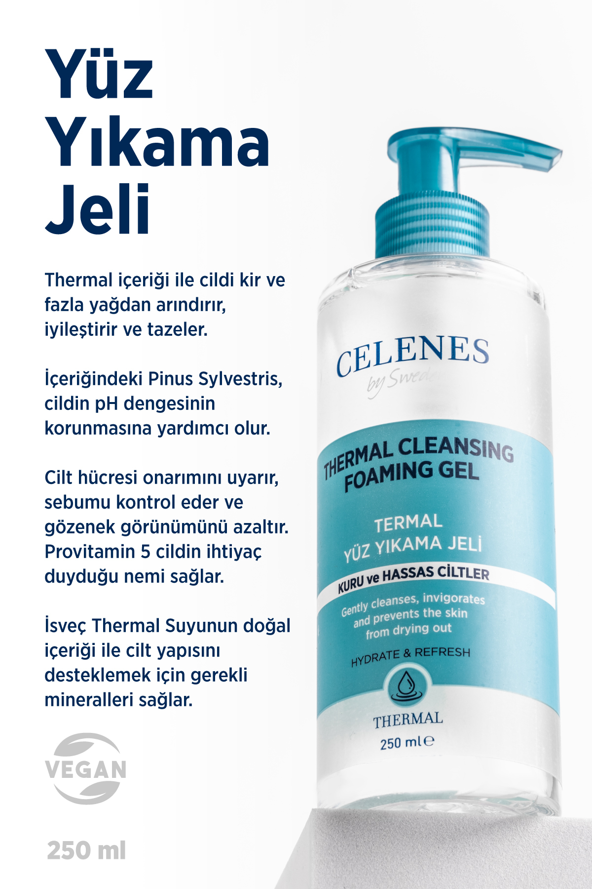CELENES BY SWEDEN NEMLENDİRİCİ VE CANLANDIRICI THERMAL YÜZ TEMİZLEME JELİ KURU VE HASSAS CİLTLER 250 ML-