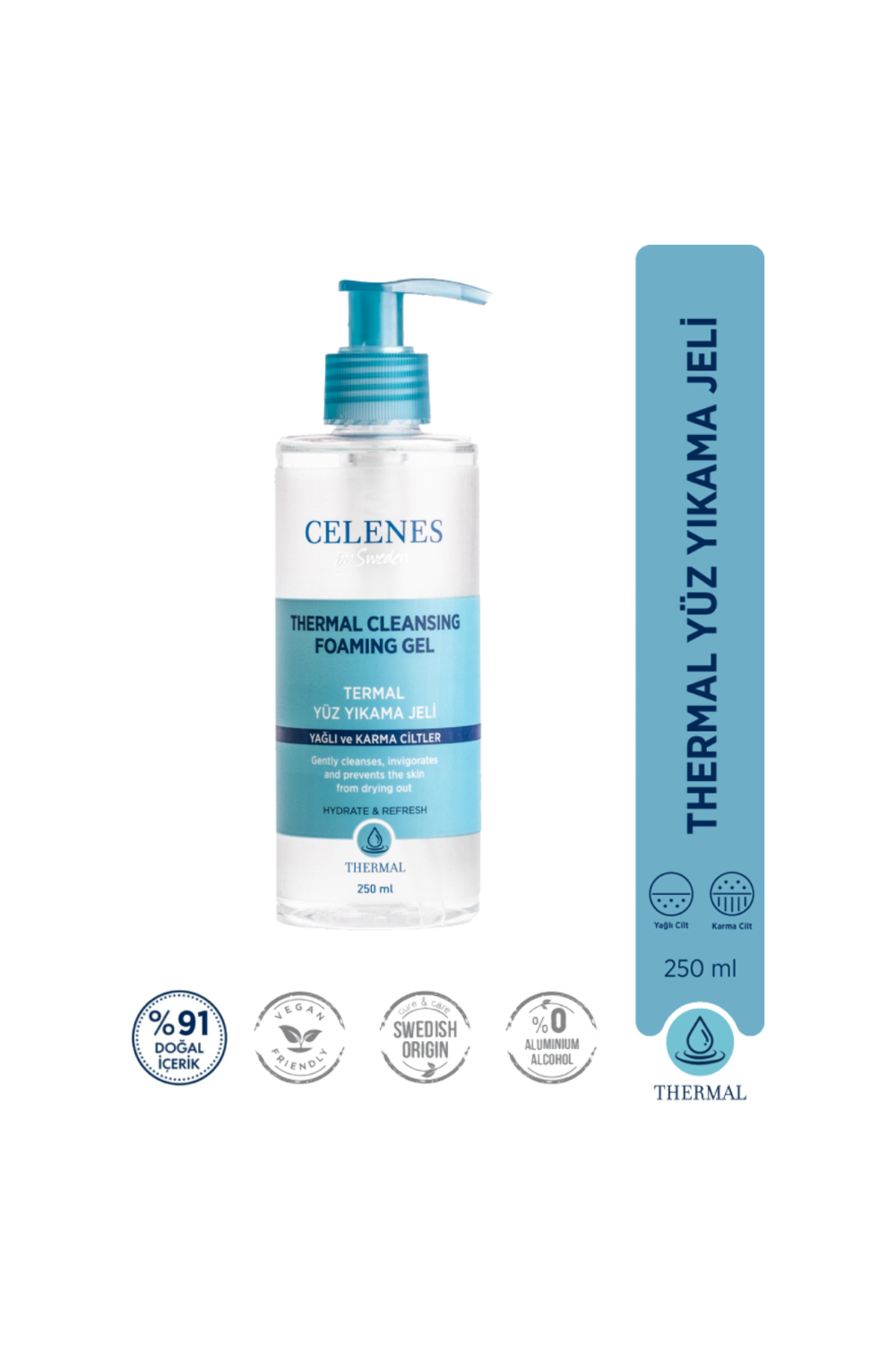 CELENES BY SWEDEN NEMLENDİRİCİ VE CANLANDIRICI THERMAL YÜZ TEMİZLEME JELİ YAĞLI VE KARMA CİLTLER 250 ML-