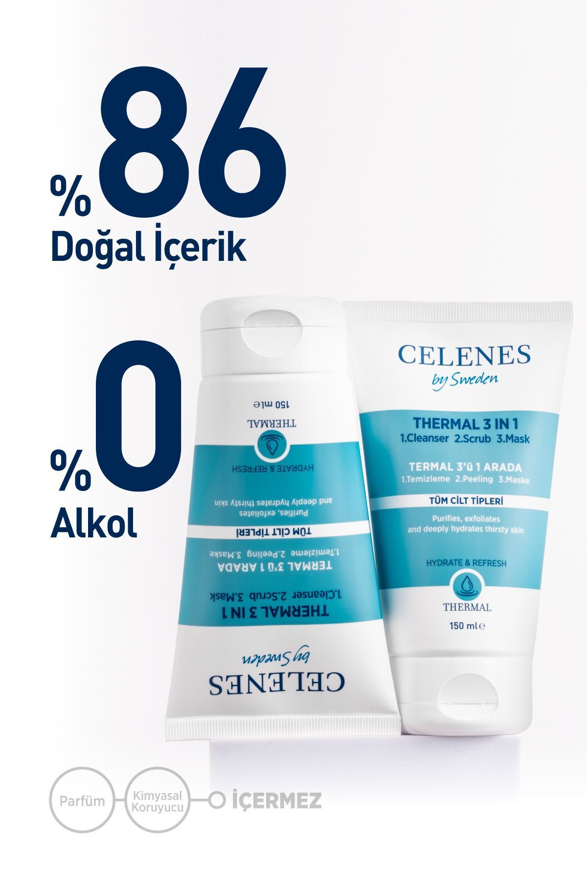 CELENES BY SWEDEN NEMLENDİRİCİ VE CANLANDIRICI THERMAL 3Ü 1 ARADA THERMAL PEELİNG MASKE 150 ML-