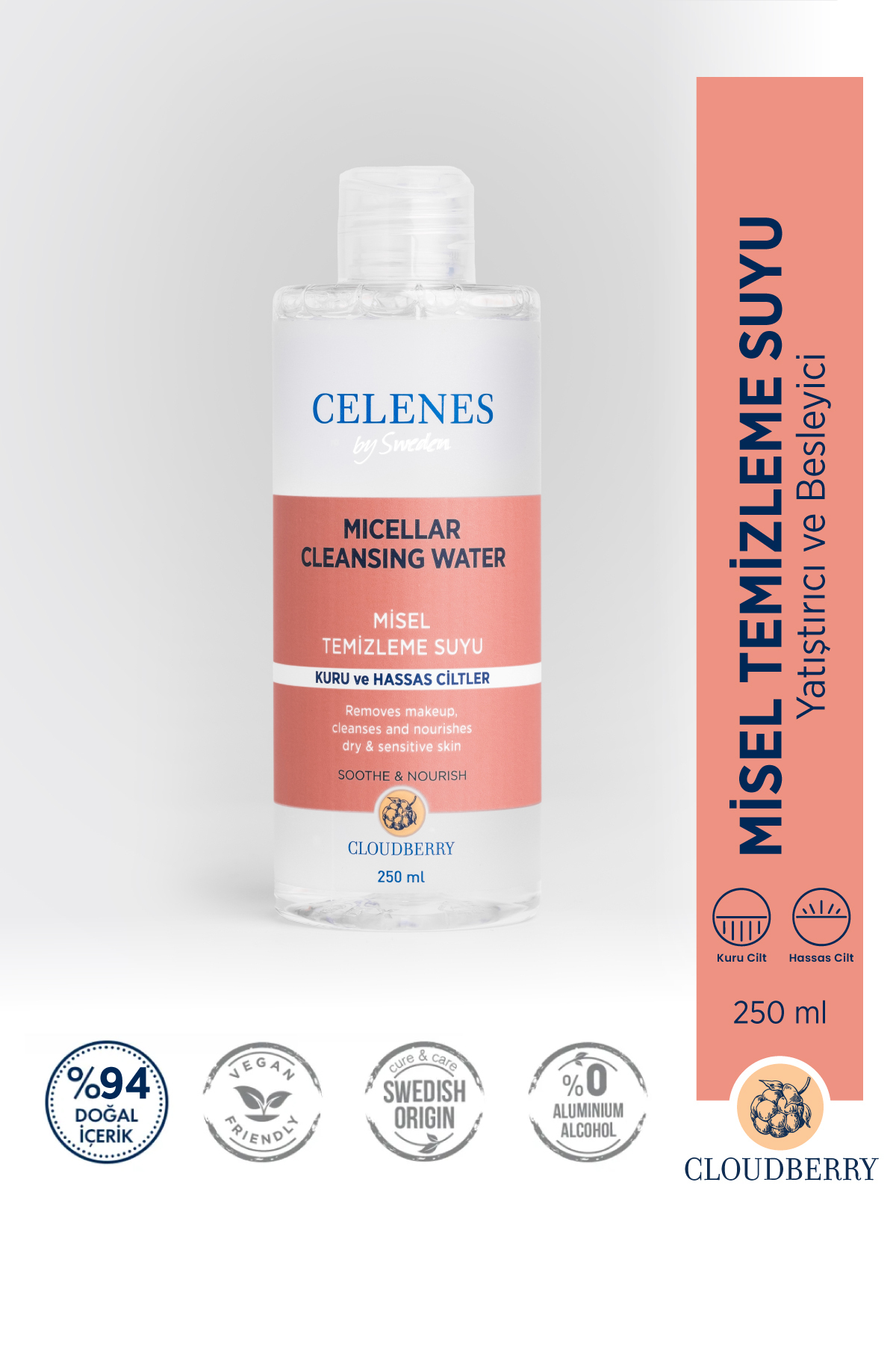 CELENES BY SWEDEN YOĞUN NEMLENDİCİ VE YATIŞTIRICI CLOUDBERRY MİSEL TEMİZLEME SUYU KURU VE HASSAS CİLTLER 250 ML-