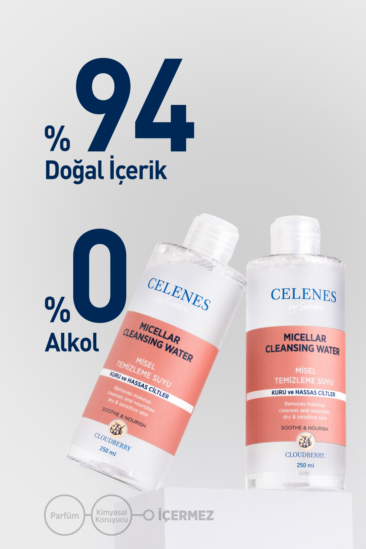 CELENES BY SWEDEN YOĞUN NEMLENDİCİ VE YATIŞTIRICI CLOUDBERRY MİSEL TEMİZLEME SUYU KURU VE HASSAS CİLTLER 250 ML-
