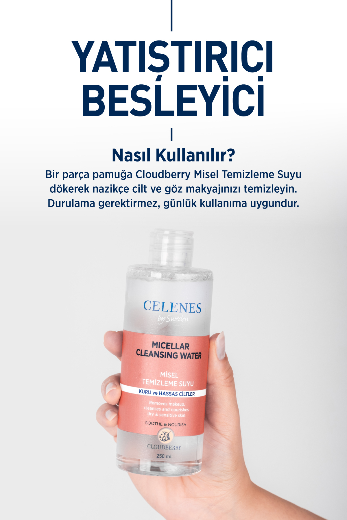 CELENES BY SWEDEN YOĞUN NEMLENDİCİ VE YATIŞTIRICI CLOUDBERRY MİSEL TEMİZLEME SUYU KURU VE HASSAS CİLTLER 250 ML-