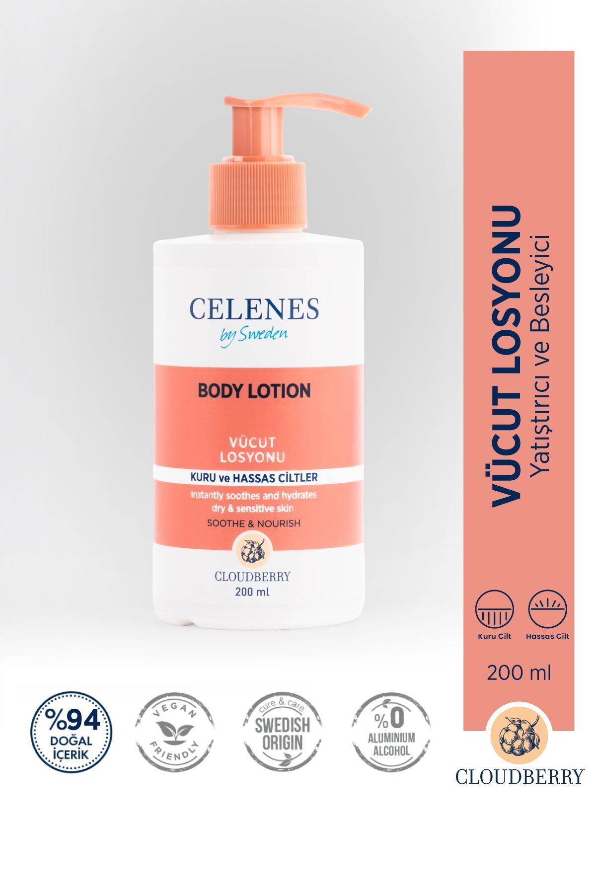 CELENES BY SWEDEN YOĞUN NEMLENDİRİCİ VE YATIŞTIRICI CLOUDBERRY VÜCUT LOSYONU KURU VE HASSAS CİLTLER PARFÜMSÜZ 200 ML-