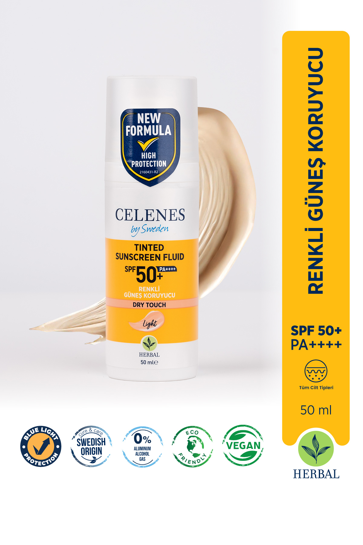 CELENES BY SWEDEN HERBAL DRY TOUCH SPF 50 MAT BİTİŞLİ RENKLİ GÜNEŞ KREMİ - YÜZ VE DEKOLTE BÖLGESİ 50 ML-