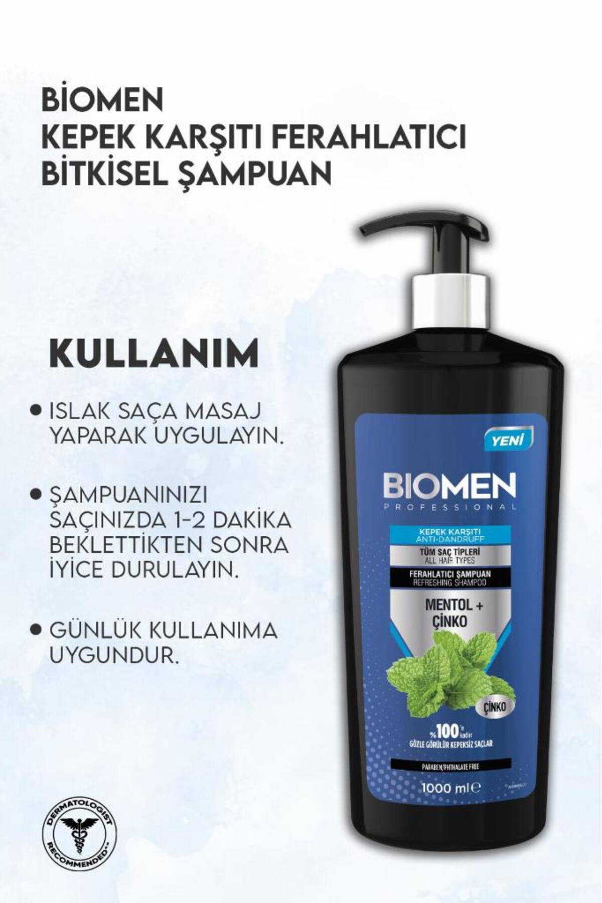 BİOMEN MENTOL&ÇİNKO KEPEK KARŞITI FERAHLATICI ŞAMPUAN 1000ML-
