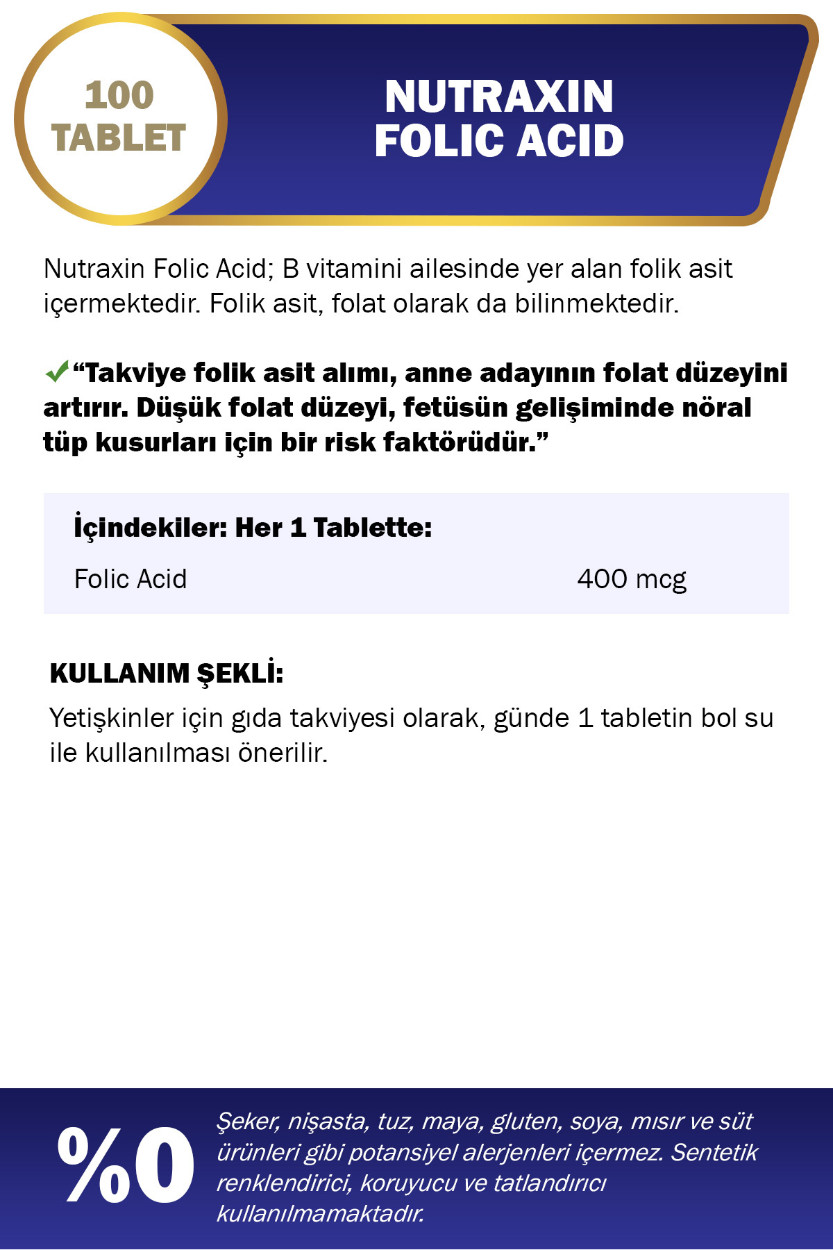 Nutraxin Folik Asit 400 Mcg 100 Tablet-