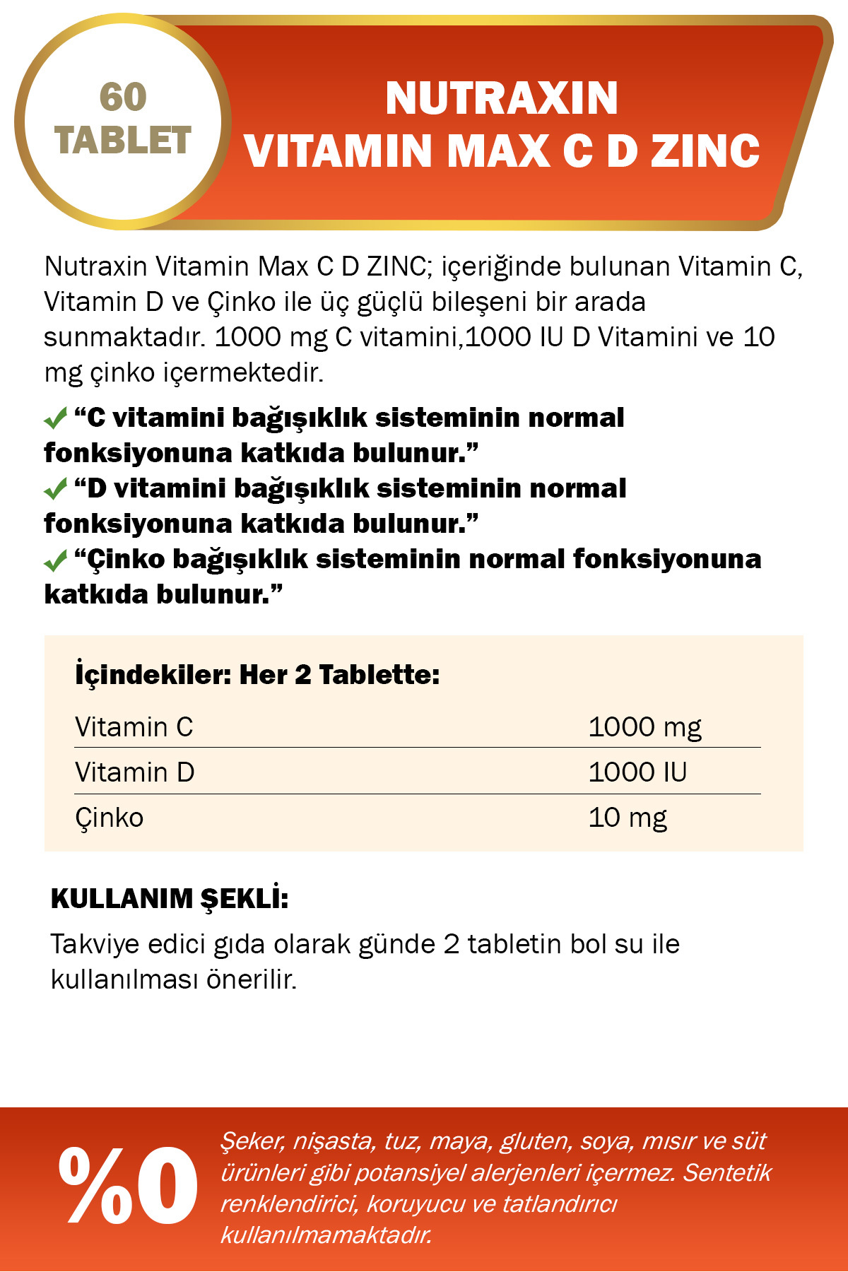 NUTRAXİN VİTAMİN MAX C-D-ZİNC 60 TABLET-