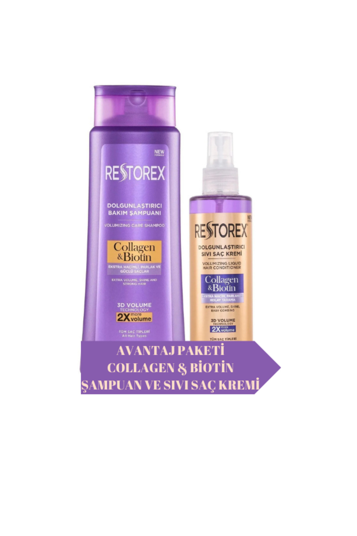 Restorex Collagen&Biotin Dolgunlaştırıcı Bakım Şampuanı 500 ml + Sıvı Saç Bakım Kremi 200 ml-