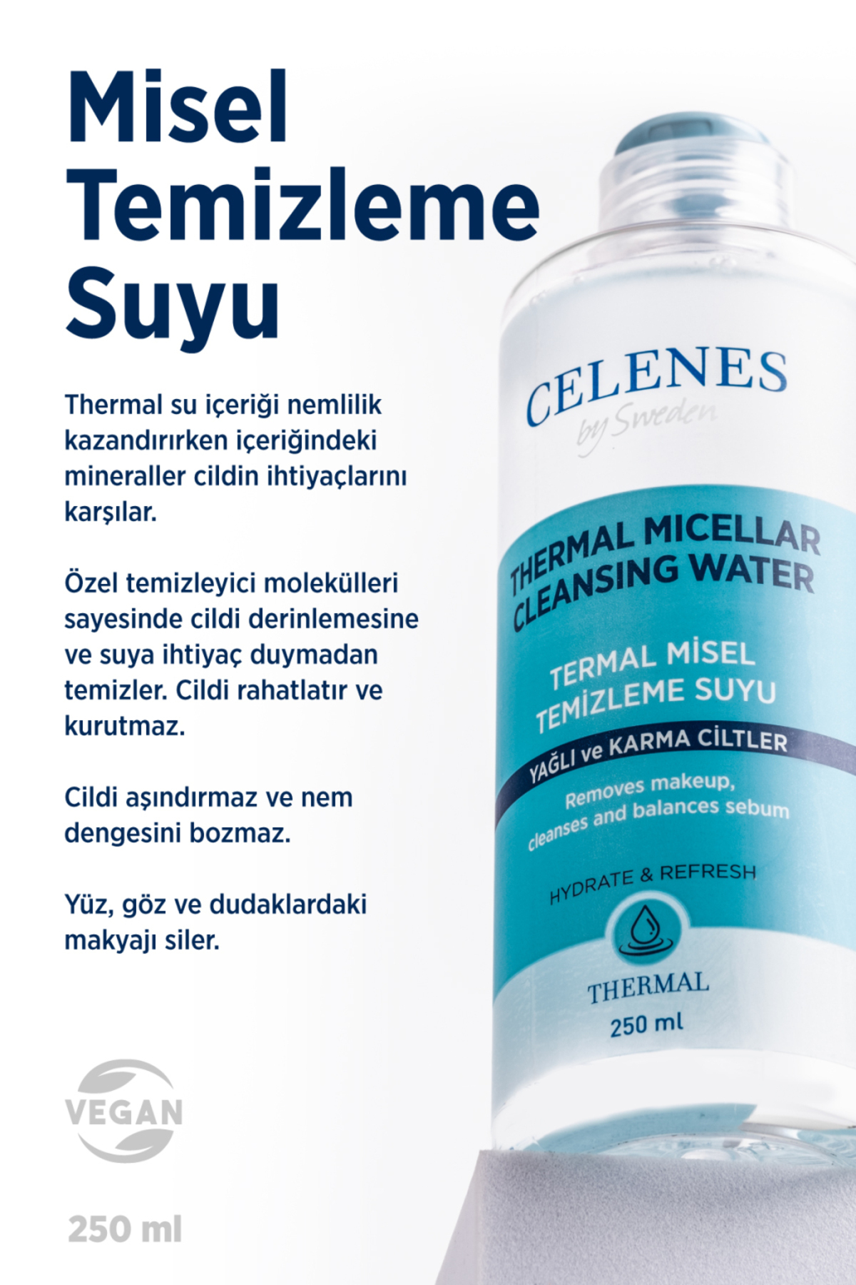 CELENES BY SWEDEN NEMLENDİRİCİ VE CANLANDIRICI THERMAL MİSEL TEMİZLEME SUYU KURU VE HASSAS CİLTLER 250 ML-