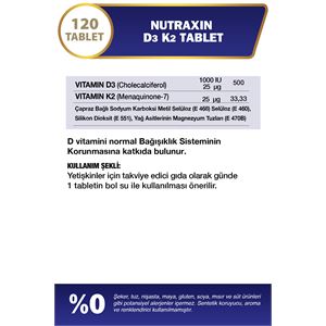 Nutraxin Vitamin D3 K2 Vitamin D Ve K Içeren Takviye Edici Gıda 120 Tablet-