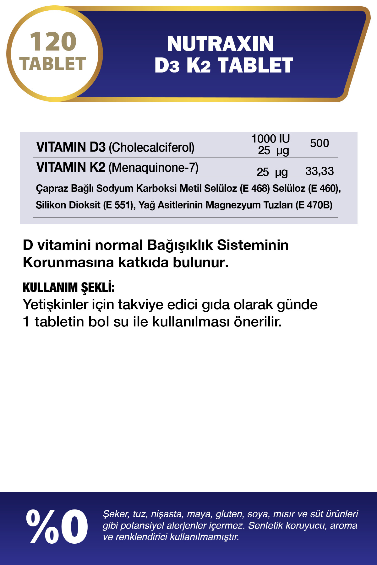 Nutraxin Vitamin D3 K2 Vitamin D Ve K Içeren Takviye Edici Gıda 120 Tablet-