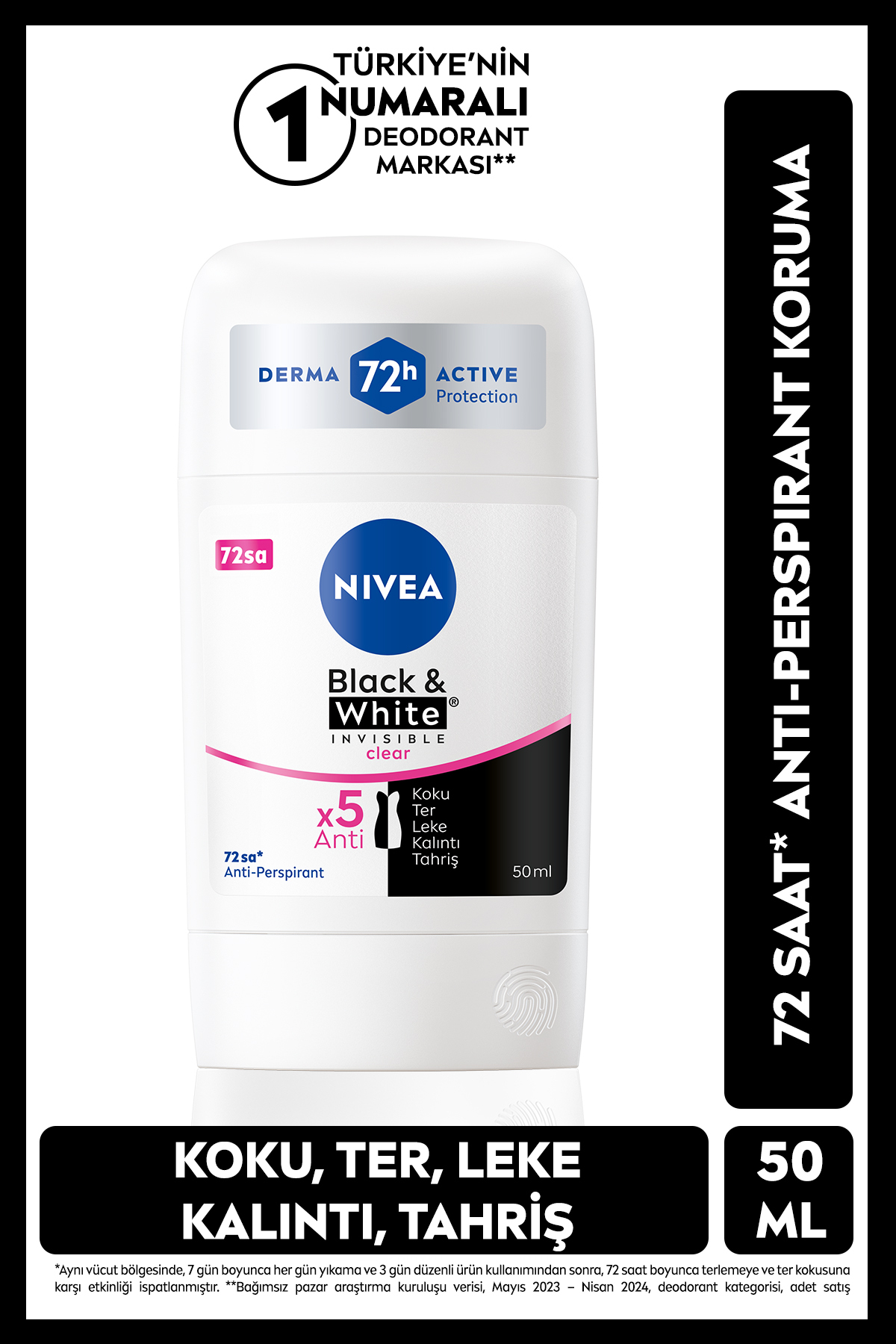NIVEA Kadın Stick Deodorant Black&white Invisible Clear 50ml, 72 Saat Anti-perspirant Ter Koruması-