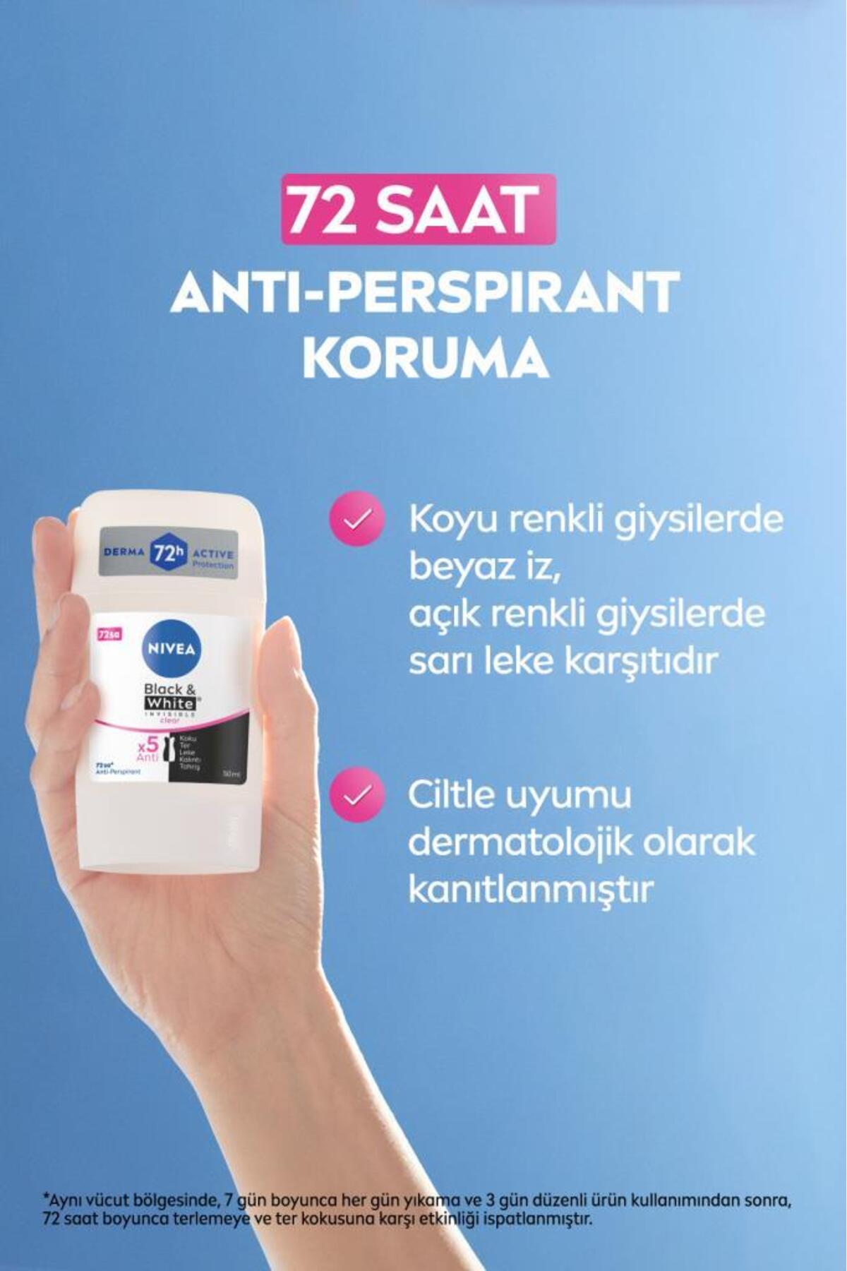 NIVEA Kadın Stick Deodorant Black&white Invisible Clear 50ml, 72 Saat Anti-perspirant Ter Koruması-