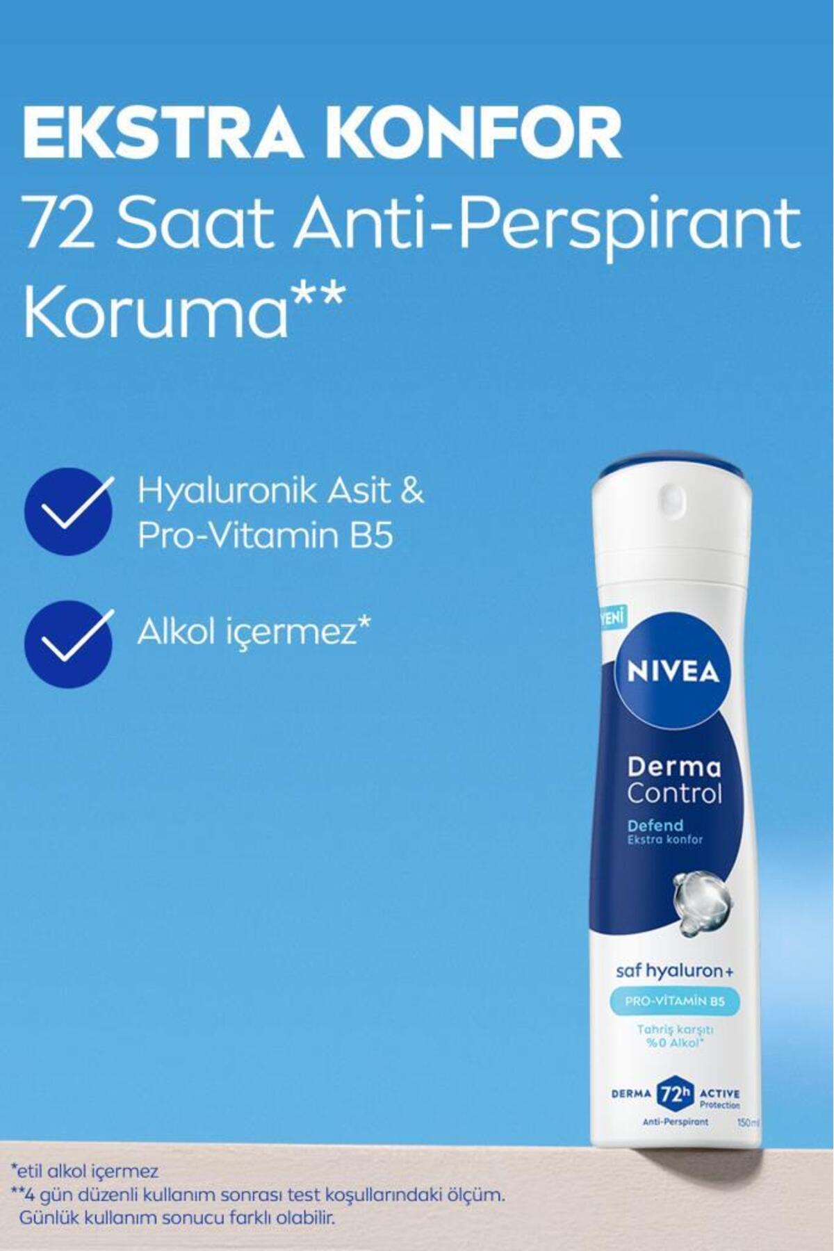 NIVEA Kadın Sprey Deodorant Derma Control Defend 150 ml,Tahriş Karşıtı,Alkolsüz,Hyaluron,Pro Vitamin B5-