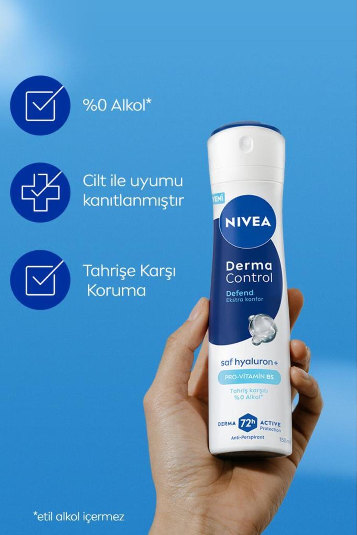 NIVEA Kadın Sprey Deodorant Derma Control Defend 150 ml,Tahriş Karşıtı,Alkolsüz,Hyaluron,Pro Vitamin B5-