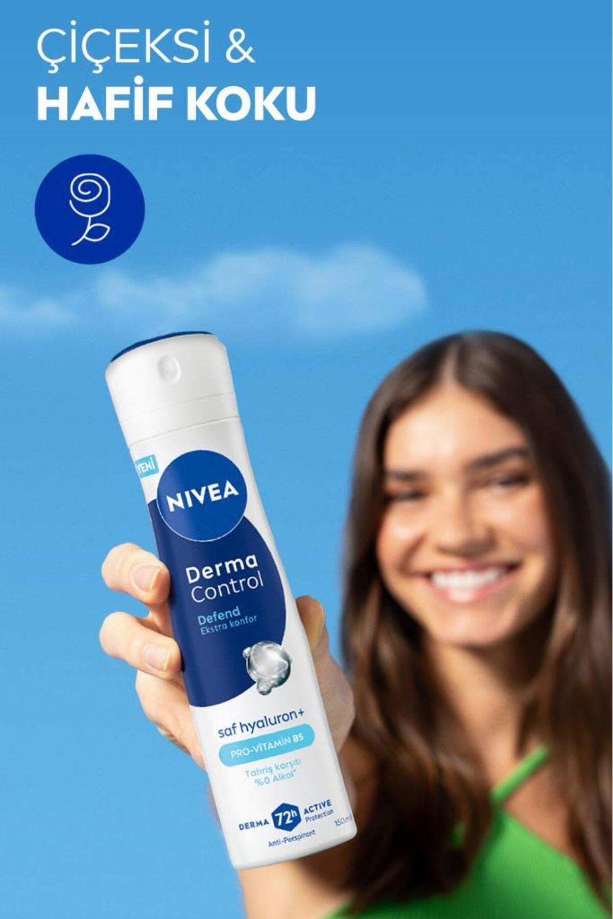 NIVEA Kadın Sprey Deodorant Derma Control Defend 150 ml,Tahriş Karşıtı,Alkolsüz,Hyaluron,Pro Vitamin B5-