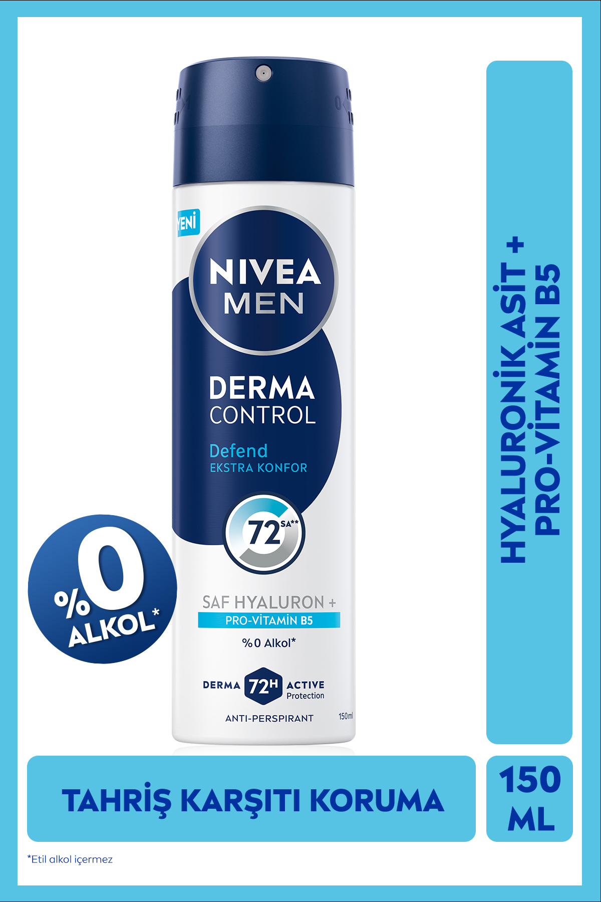 NIVEA MEN Erkek Sprey Deodorant Derma Control Defend 150ml,Hyaluron,Pro Vitamin B5,72 Saat Anti-perspirant-