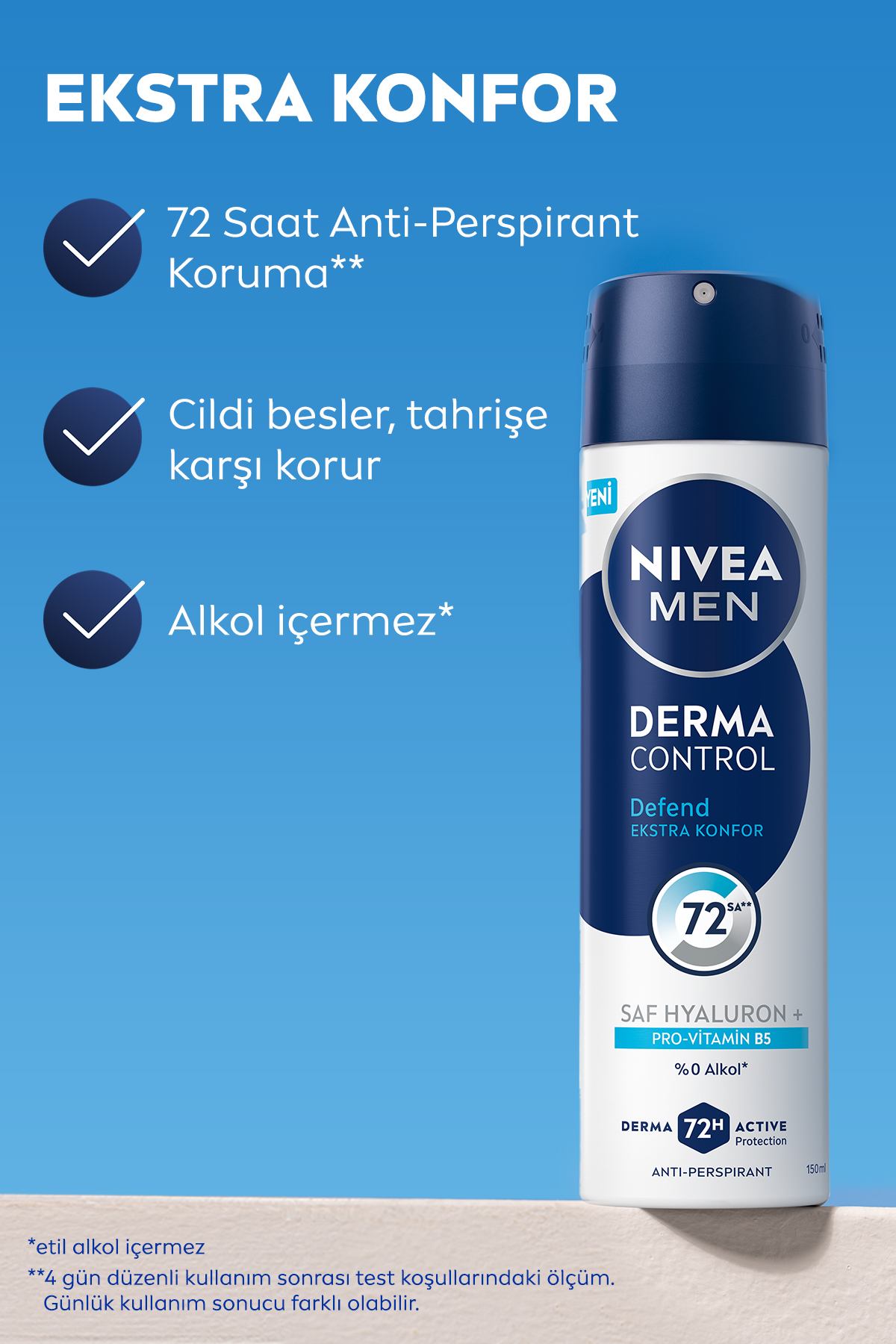 NIVEA MEN Erkek Sprey Deodorant Derma Control Defend 150ml,Hyaluron,Pro Vitamin B5,72 Saat Anti-perspirant-