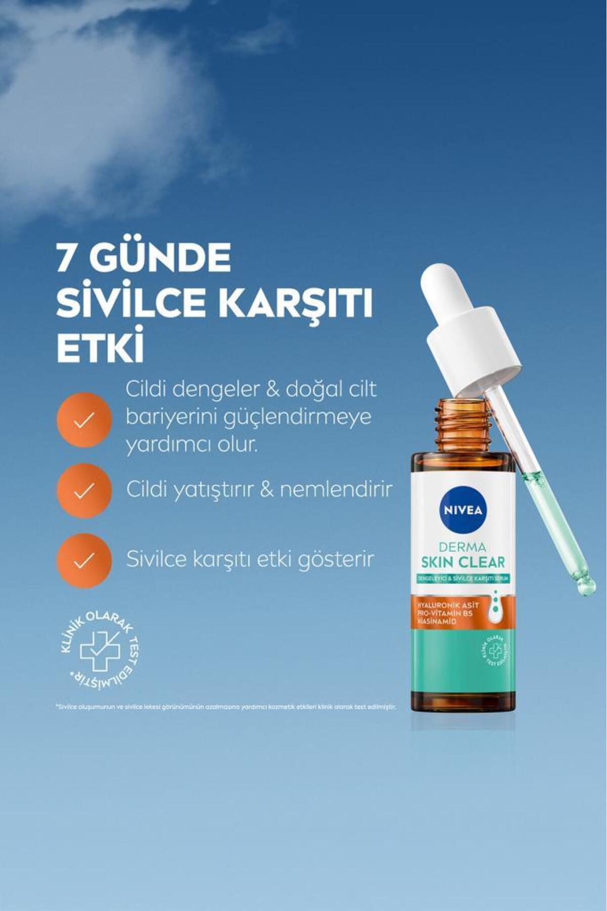 NIVEA Derma Skin Clear Dengeleyici ve Sivilce Karşıtı Serum 30ml, Niasinamid, Hyaluronik Asit, Yağlı Cilt-
