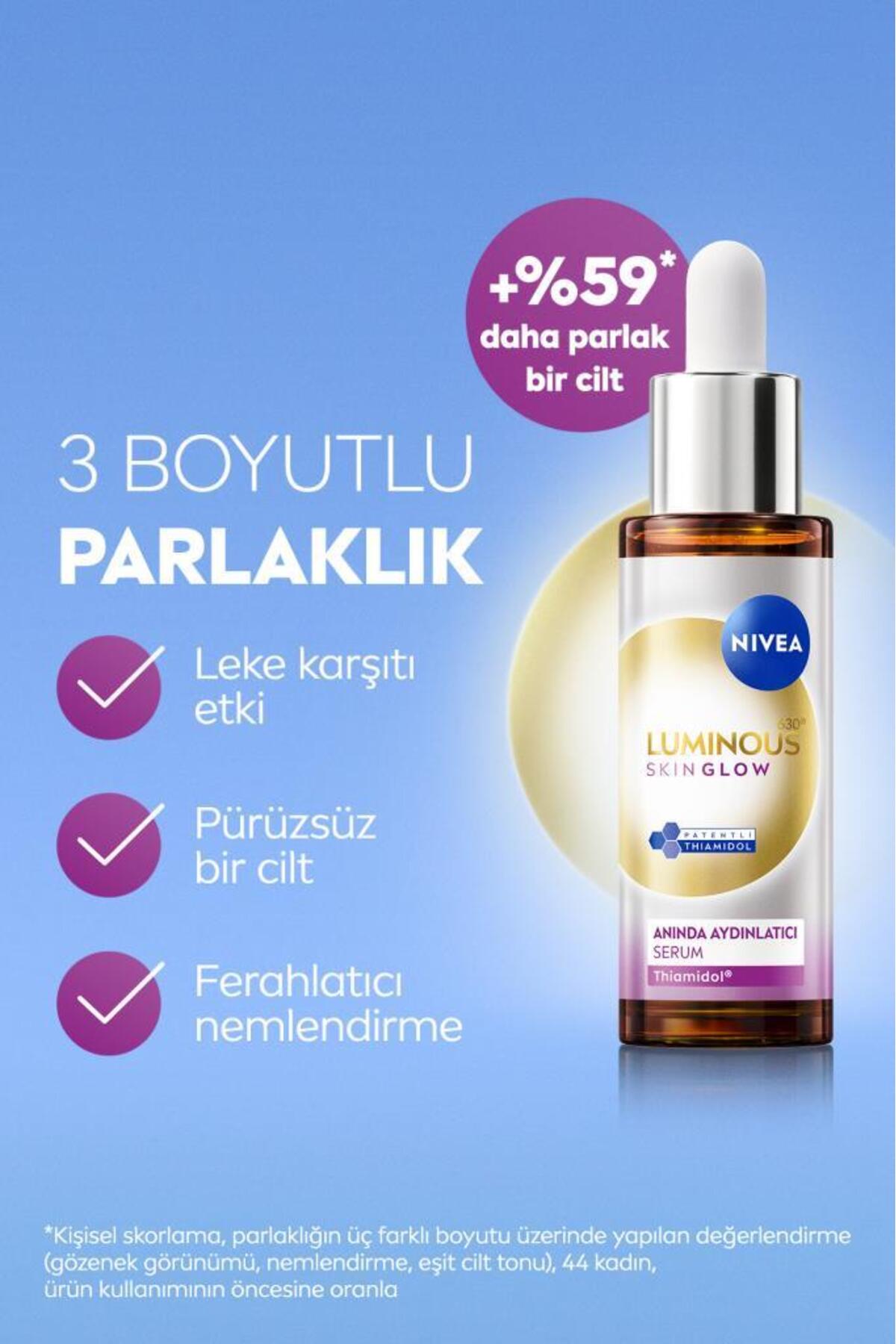 NIVEA Luminous630 Skin Glow Anında Aydınlatıcı Serum 30ml, Eşit Cilt Tonu, Thiamidol, Niasinamid, AloeVera-