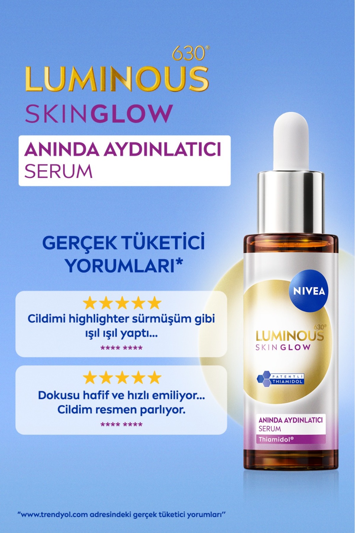 NIVEA Luminous630 Skin Glow Anında Aydınlatıcı Serum 30ml, Eşit Cilt Tonu, Thiamidol, Niasinamid, AloeVera-