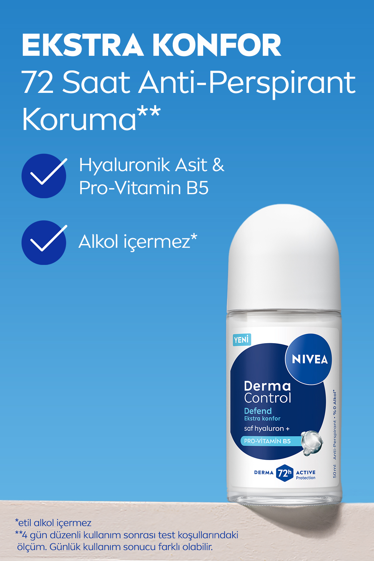 NIVEA Kadın Roll on Deodorant Derma Control Defend 50 ml,72 Saat Koruma,Alkolsüz,Hyaluron,Pro Vitamin-