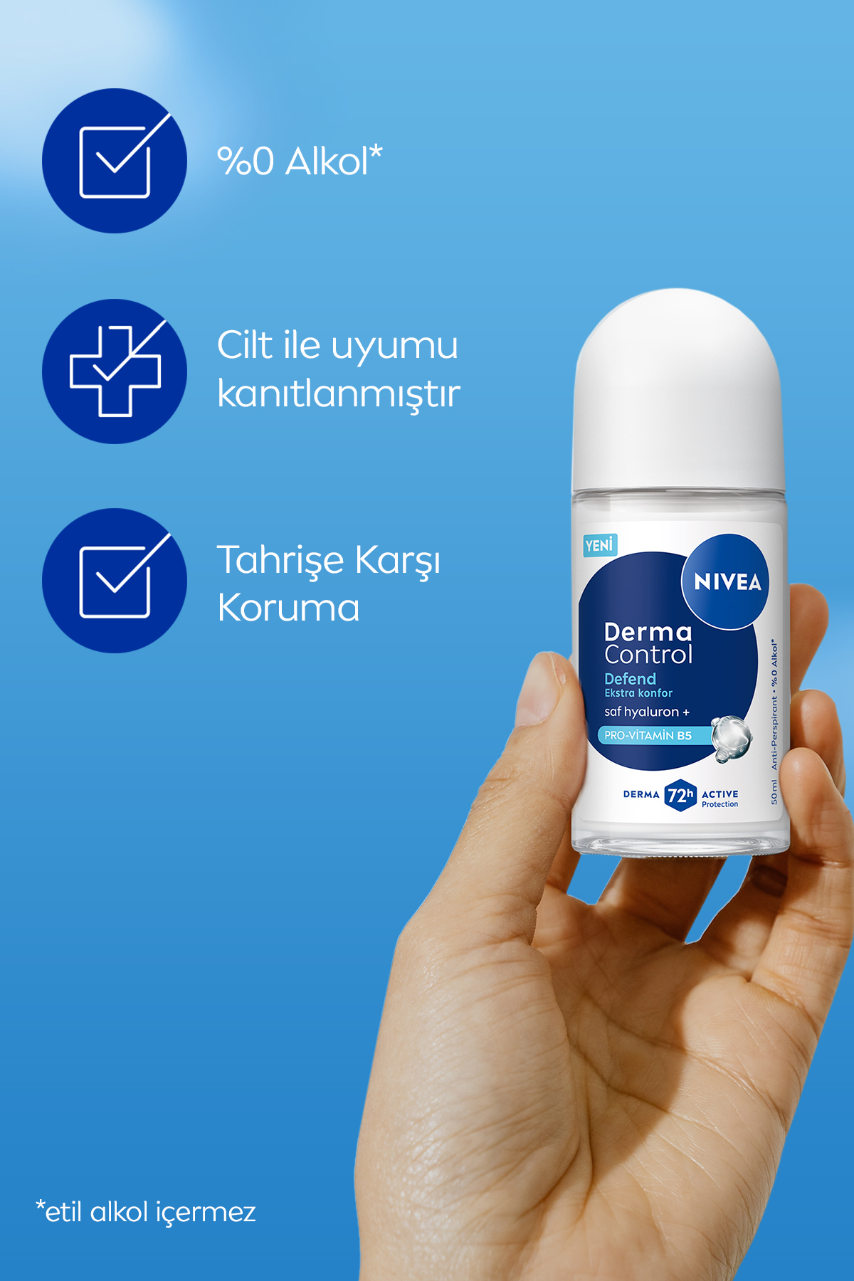 NIVEA Kadın Roll on Deodorant Derma Control Defend 50 ml,72 Saat Koruma,Alkolsüz,Hyaluron,Pro Vitamin-