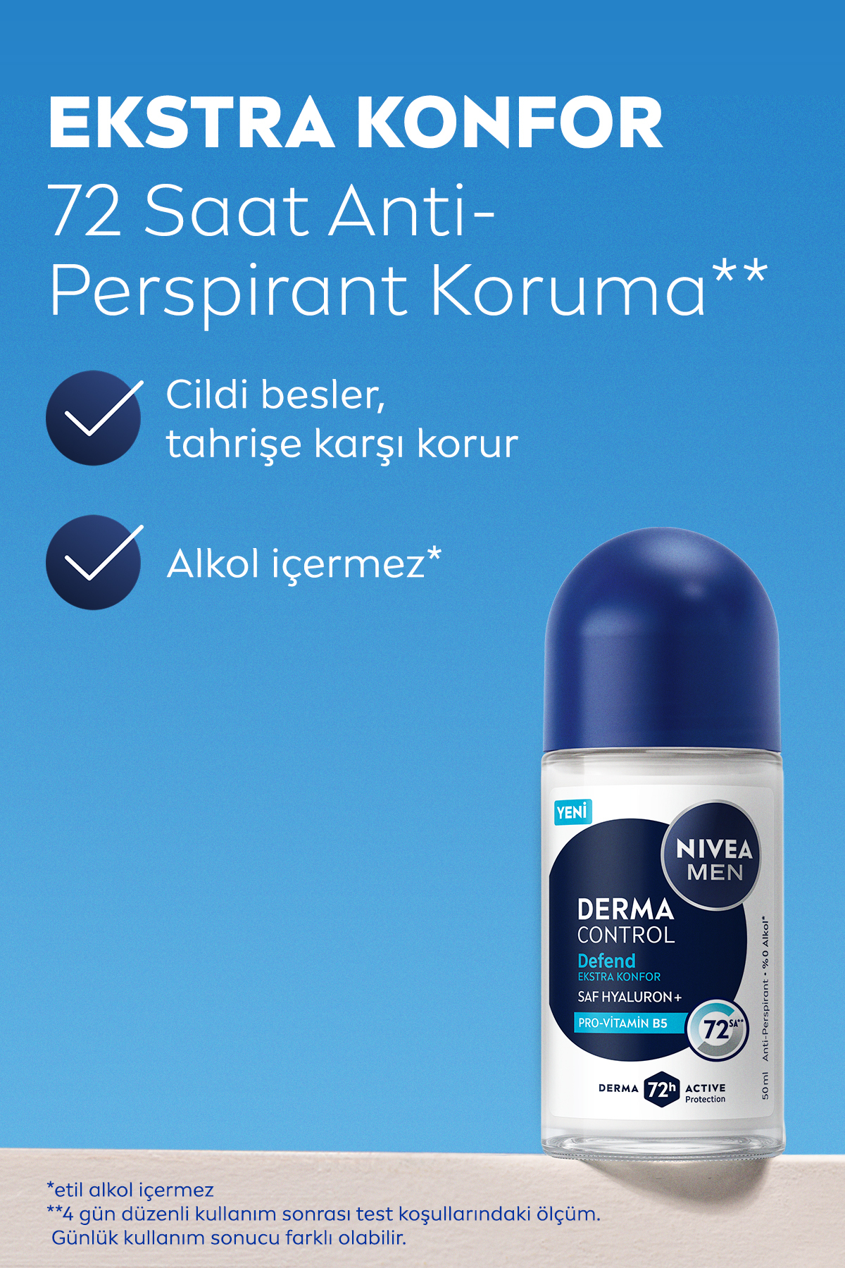 NIVEA MEN Erkek Roll-on Deodorant Derma Control Defend 50ml, 72 Saat Anti-perspirant, Alkolsüz, Hyaluron-
