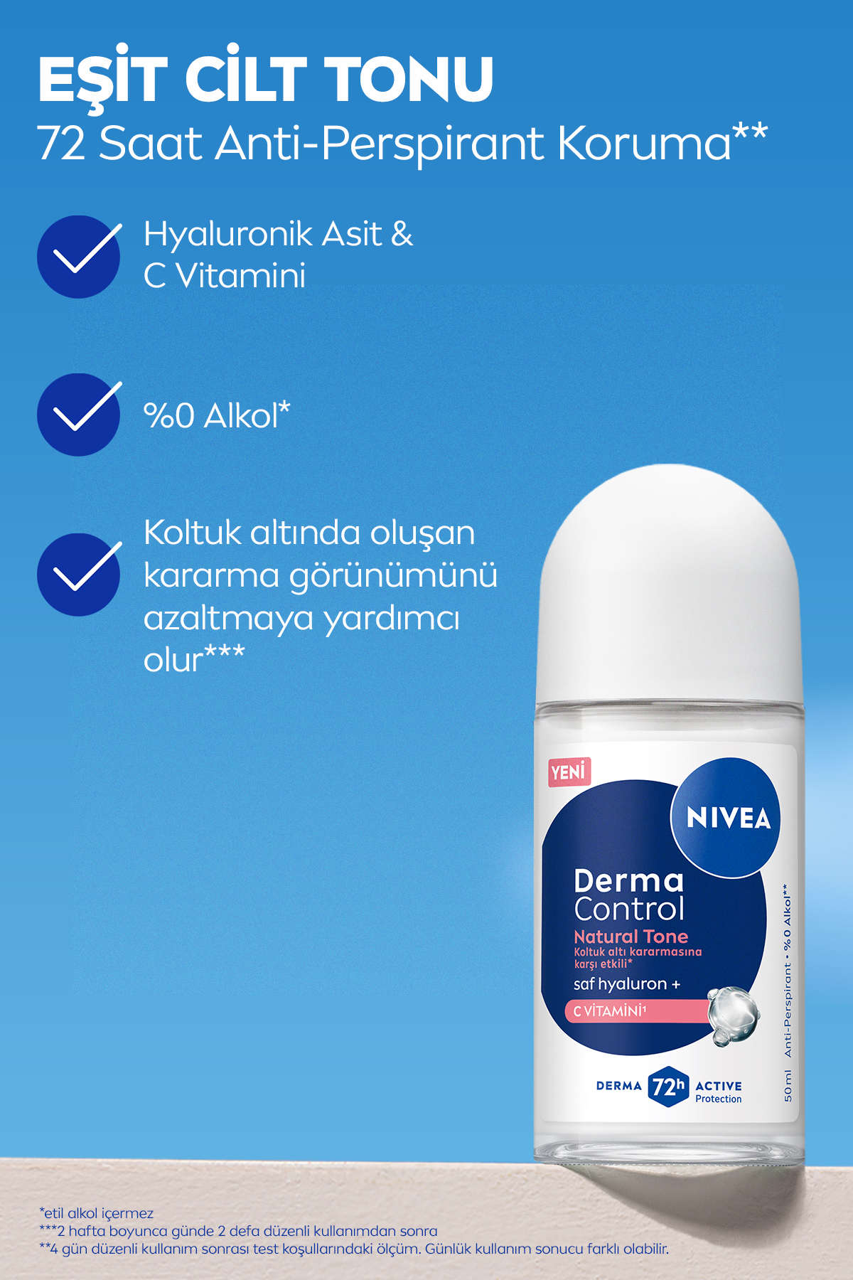 NIVEA Kadın Roll-on Deodorant Derma Control Natural Tone 50ml, Koltuk Altı Kararmasına Karşı, C Vitamini-